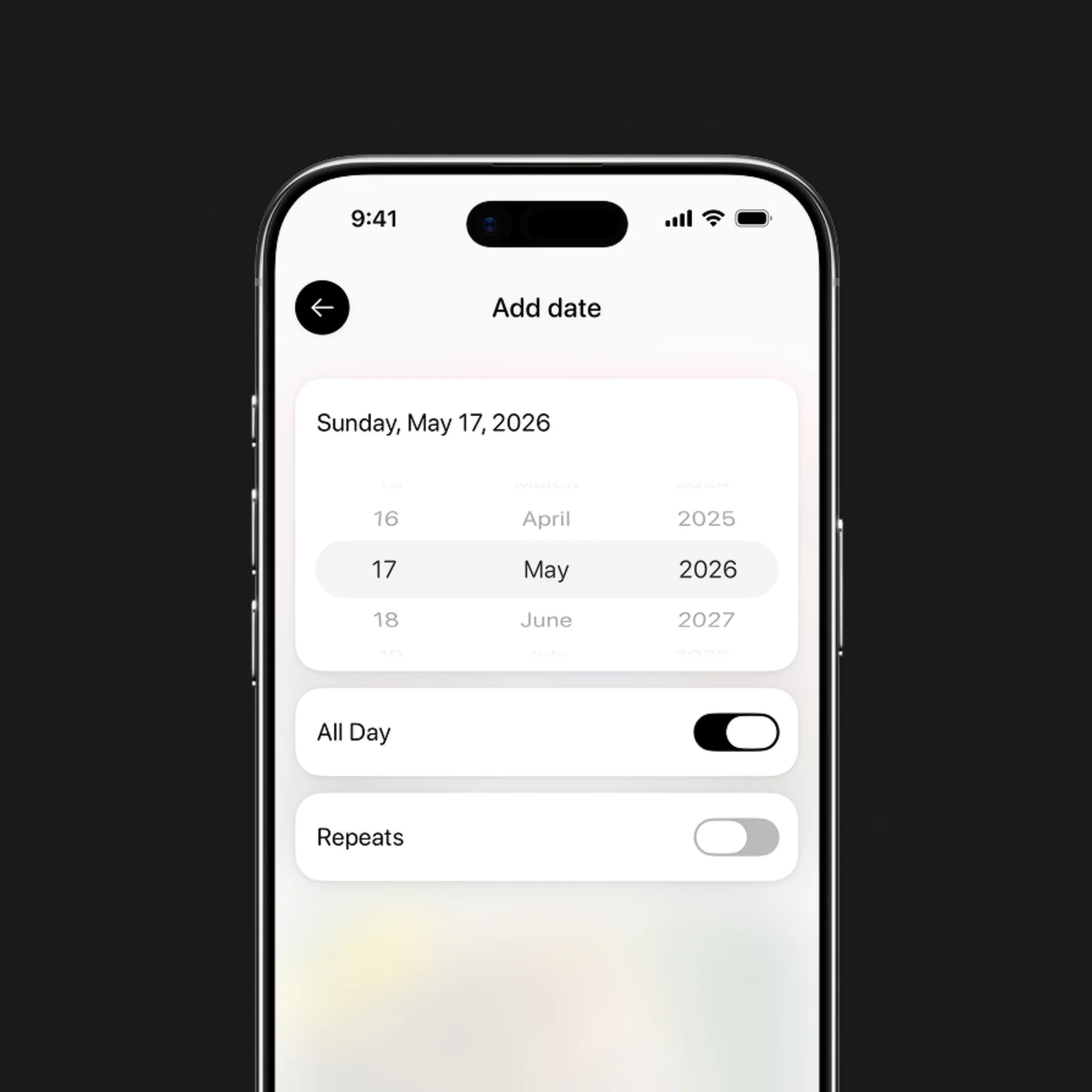 Days shows a date picker with controls for an all-day event and repeating dates.