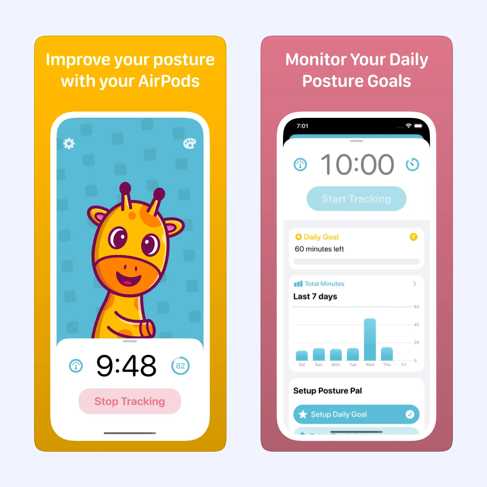 Posture Pal screenshots show posture tracking, alert settings, and an upright head position.