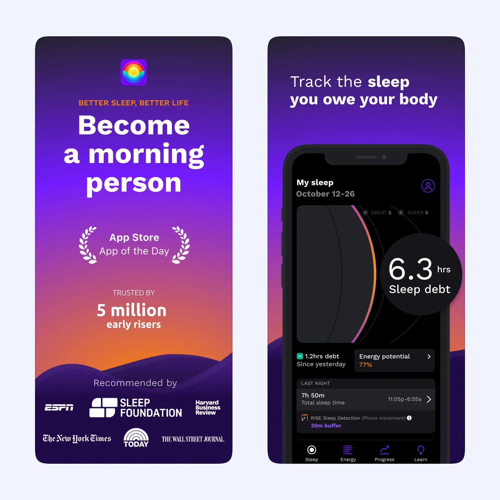 RISE screenshots show sleep debt, an energy schedule, and bedtime guidance.