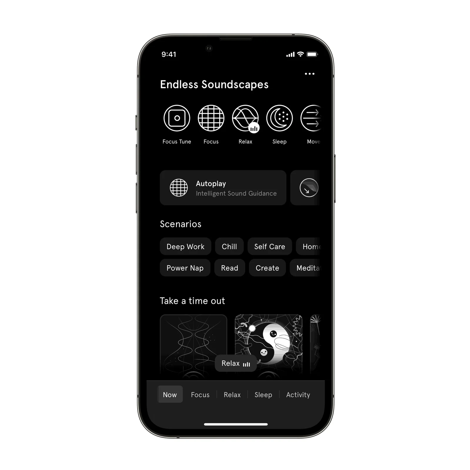 Endel shows Focus, Relax, Sleep, Move, Autoplay, and scenario options in dark mode.