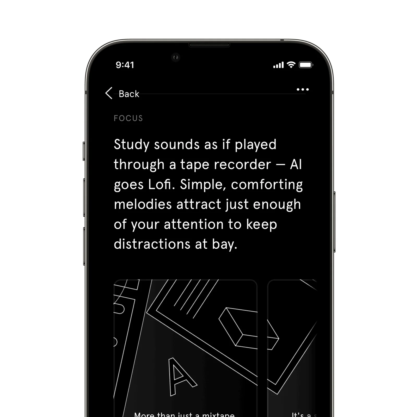 Endel shows a Focus guide with Study sounds and illustrated soundscape cards.