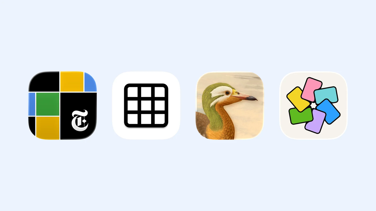 Four puzzle app icons on a pale blue background