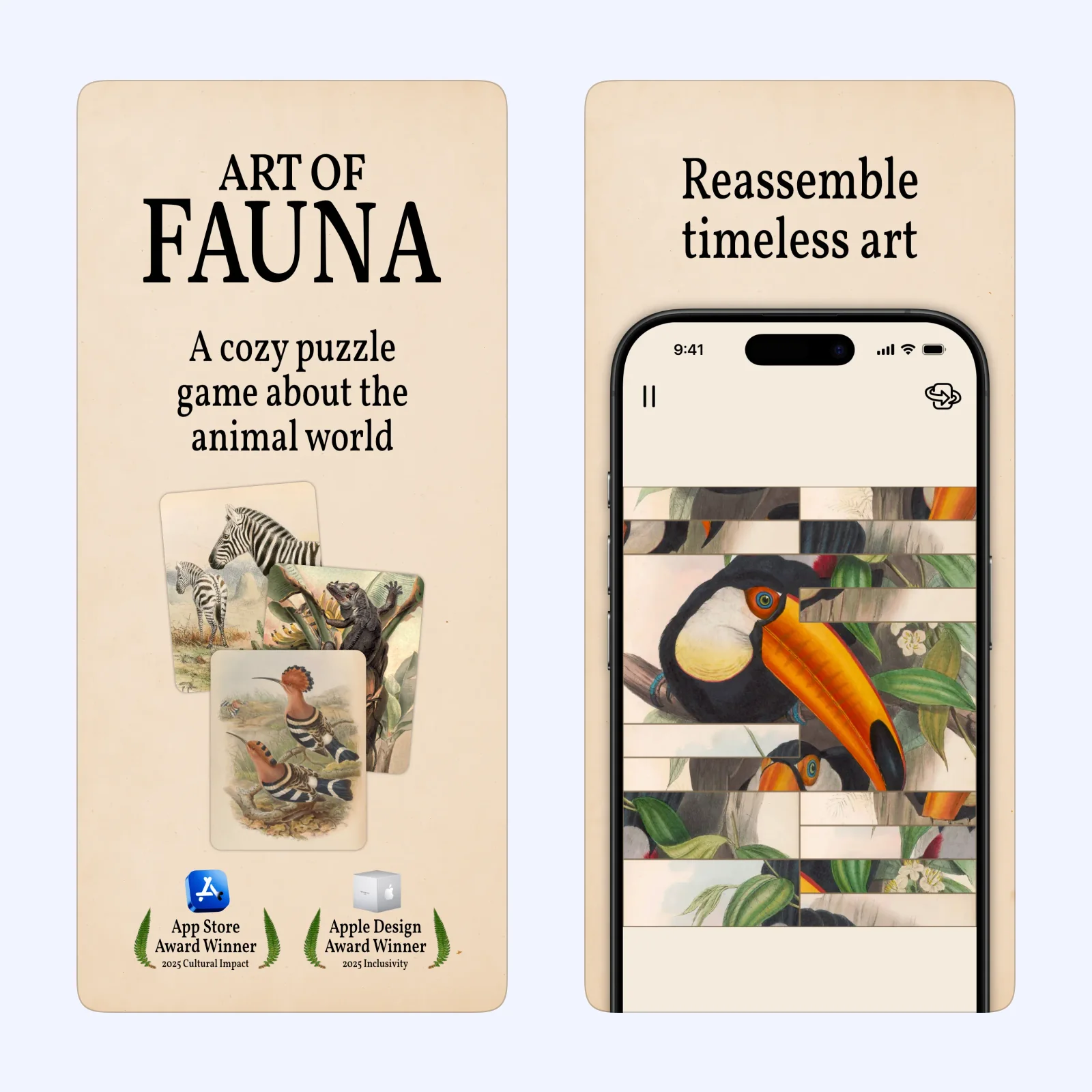 Art of Fauna screenshots show a wildlife image puzzle and an animal information page.