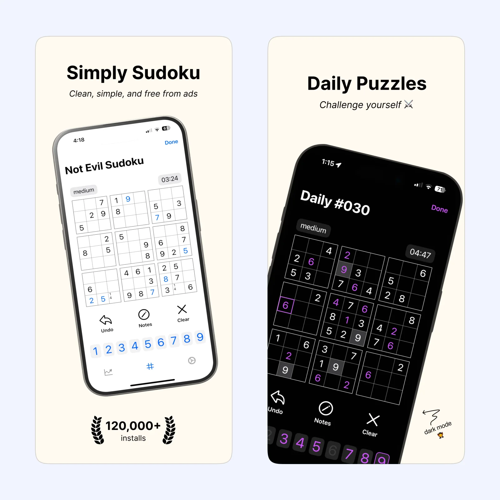 Not Evil Sudoku screenshots show a clean Sudoku grid and move validation.