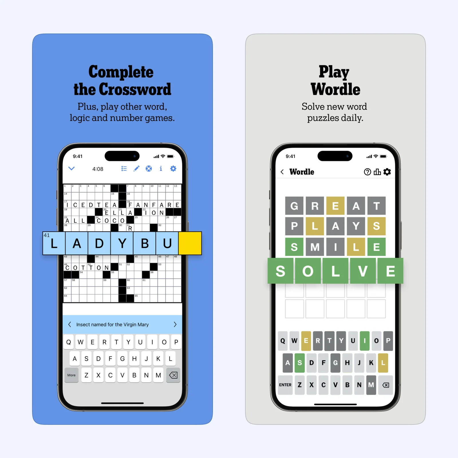 NYT Games screenshots show its daily word, logic, and number puzzles.