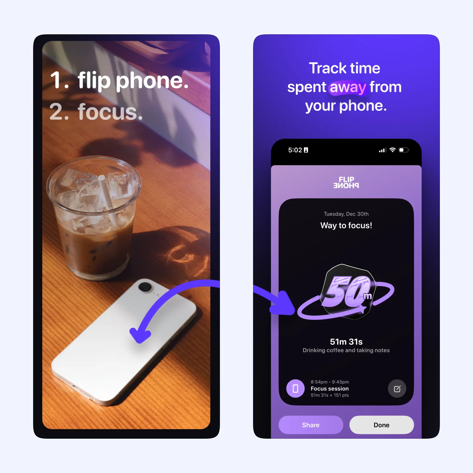 Flip Phone Focus screenshots show a timer that begins when the iPhone is face down.