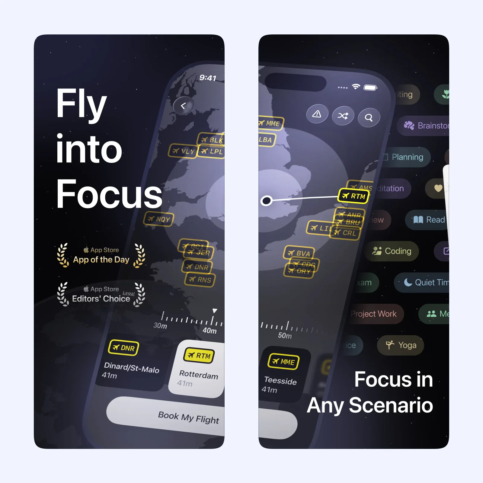 FocusFlight screenshots show a focus flight, timer, and completed route.