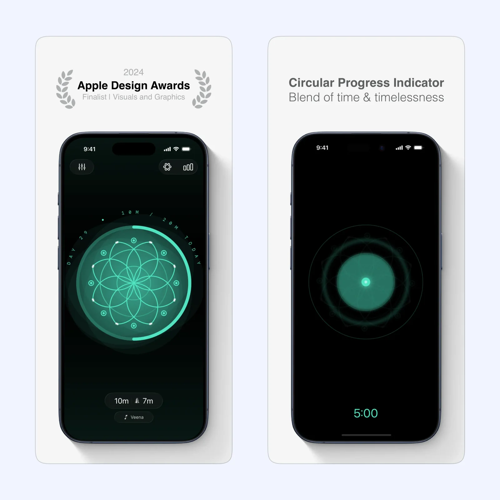 Meditate screenshots show a meditation timer, session history, and growing mandala.
