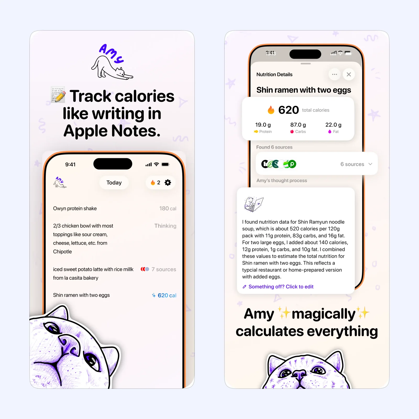 Amy Food Journal screenshots show a typed meal and calculated daily nutrition.