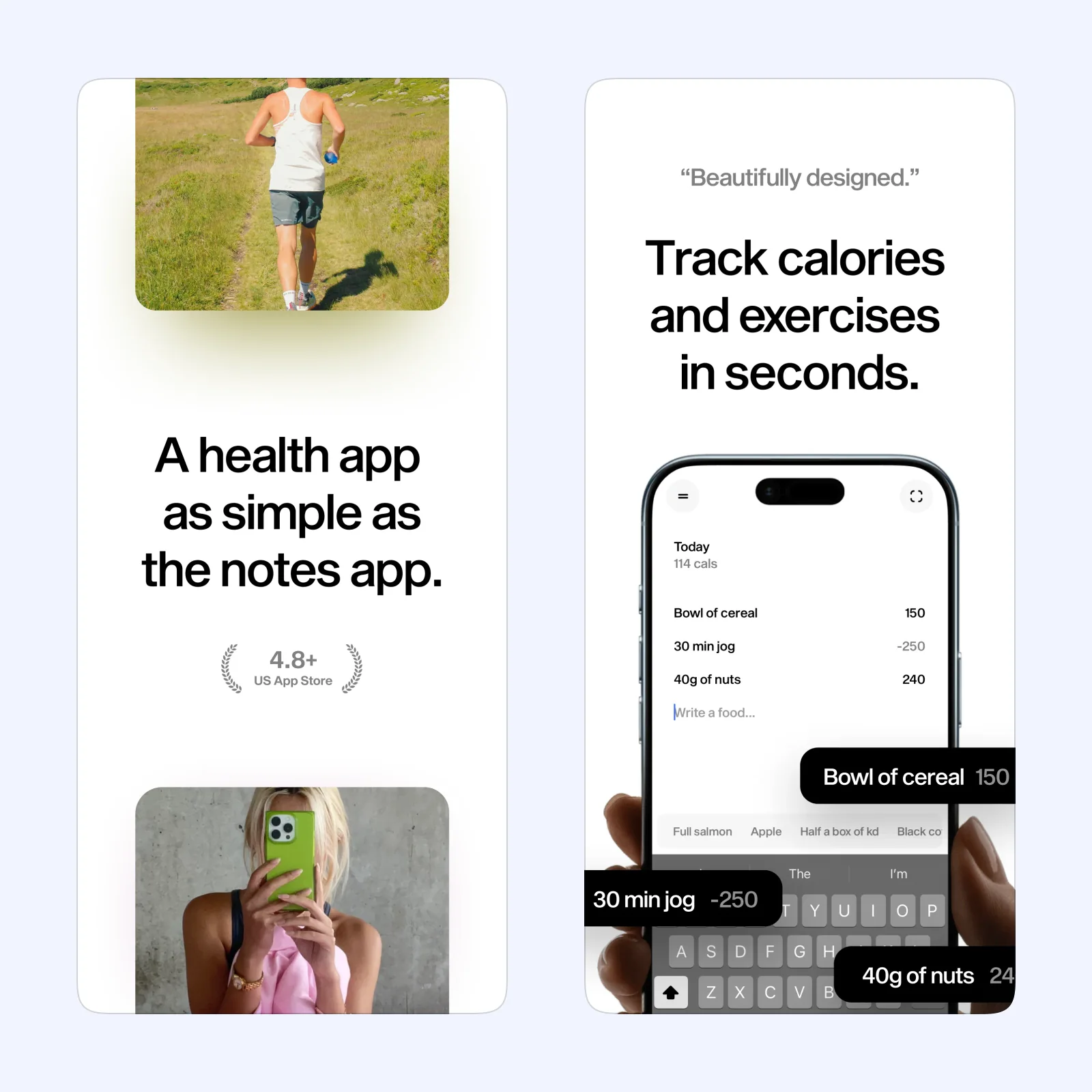 Mist screenshots show a simple meal note and calculated calorie totals.