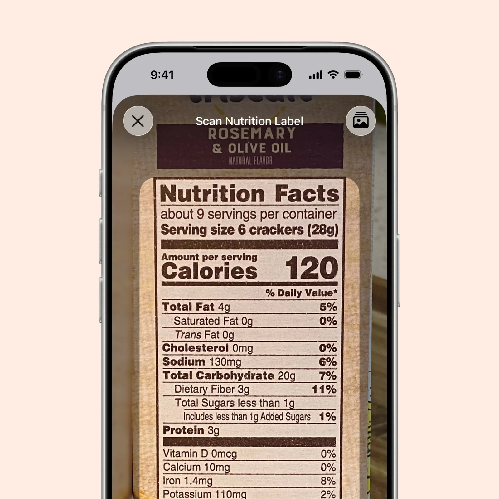 Foodnoms scans the nutrition label on a rosemary and olive oil package.