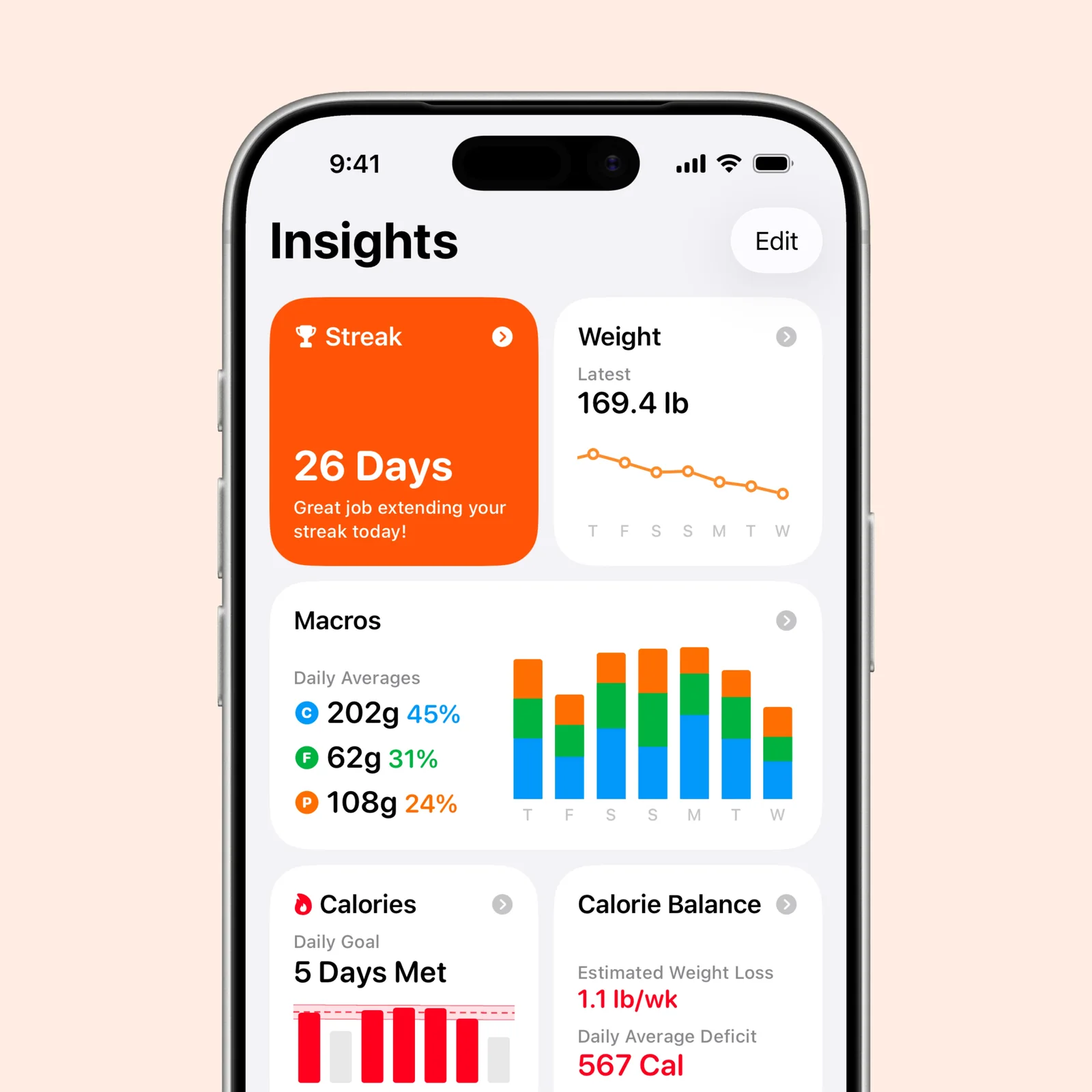 Foodnoms Insights shows a streak, weight trend, weekly macro bars, and calorie progress.