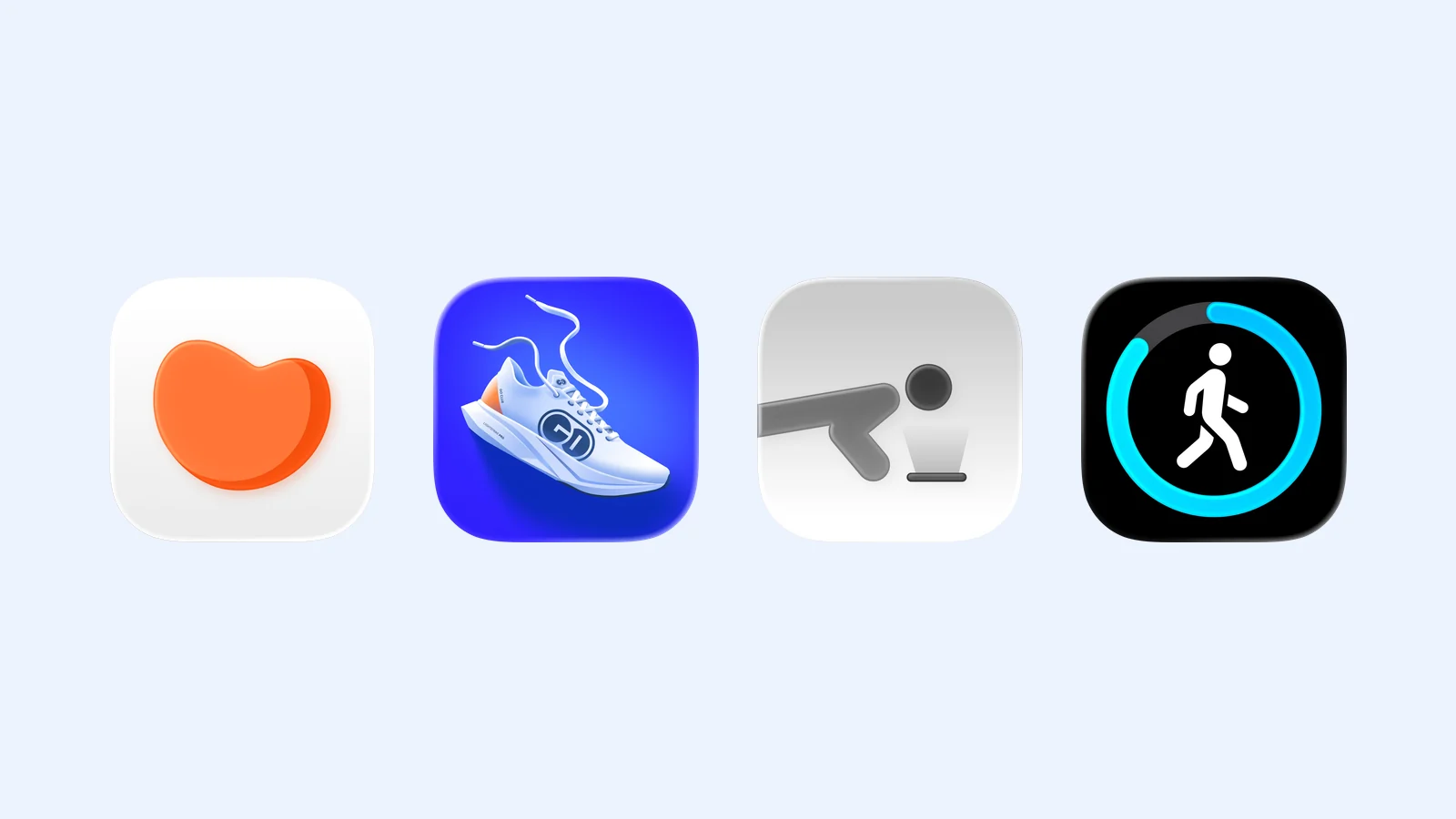 Four gentle fitness and movement app icons on pale blue