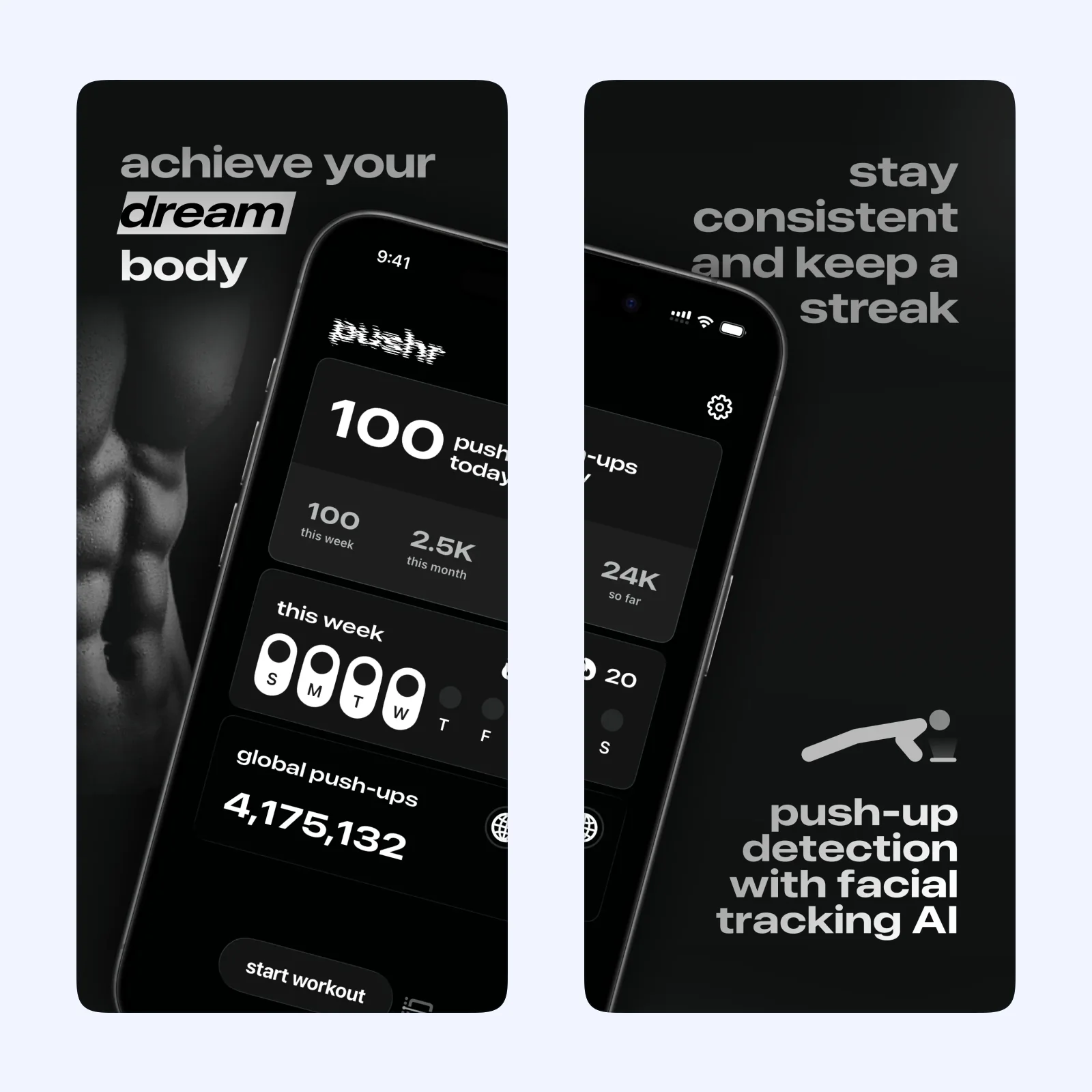 pushr screenshots show a push-up counter and workout history.