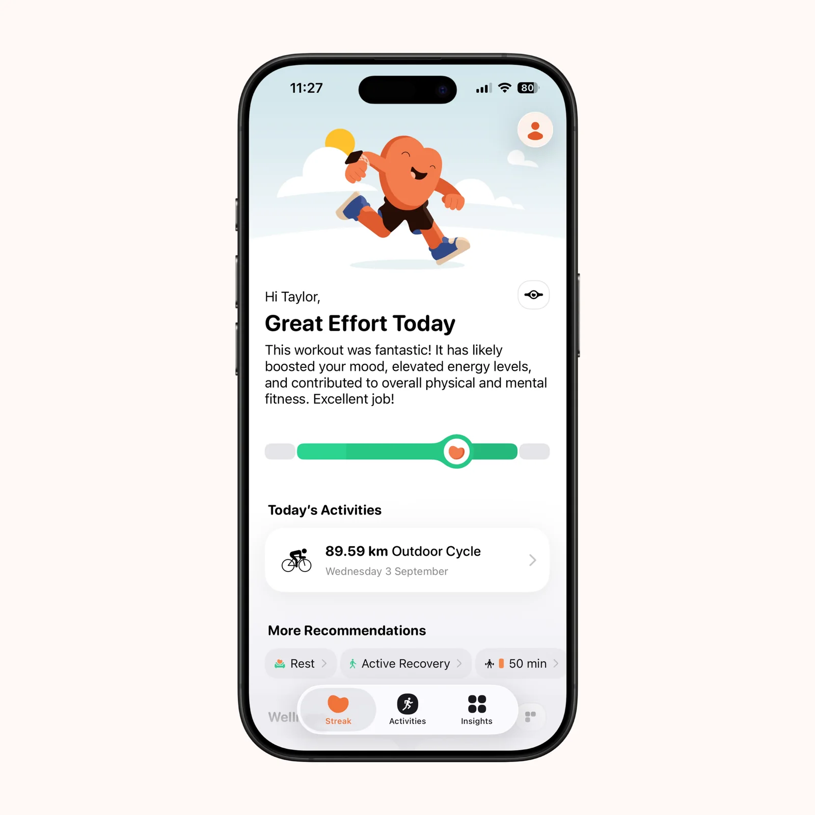 Gentler Streak shows a daily condition scale, a cycling activity, and recovery suggestions.