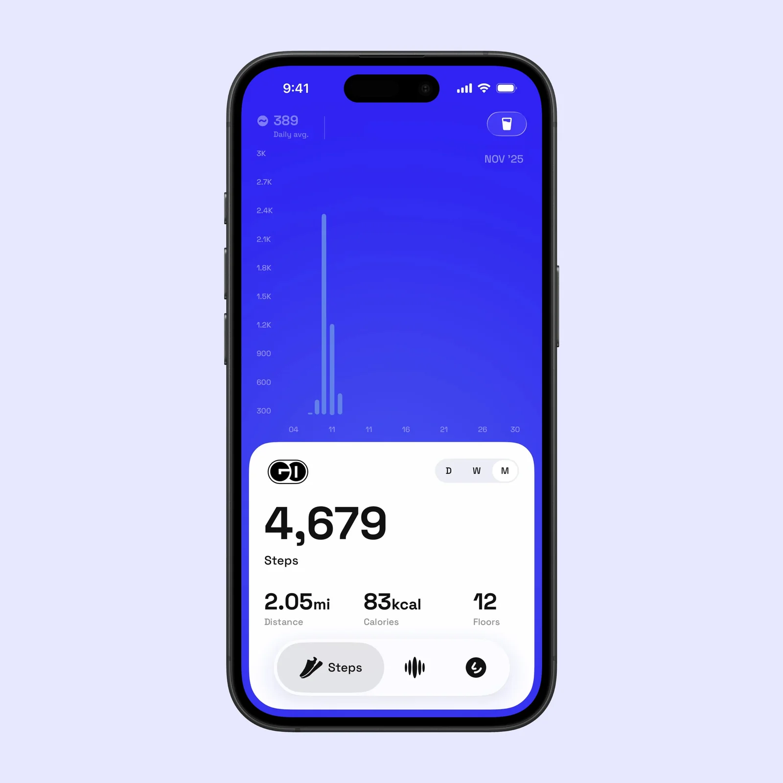 A GO Club social slide shows the steps overview with a daily average, activity chart, distance, calories, and floors.