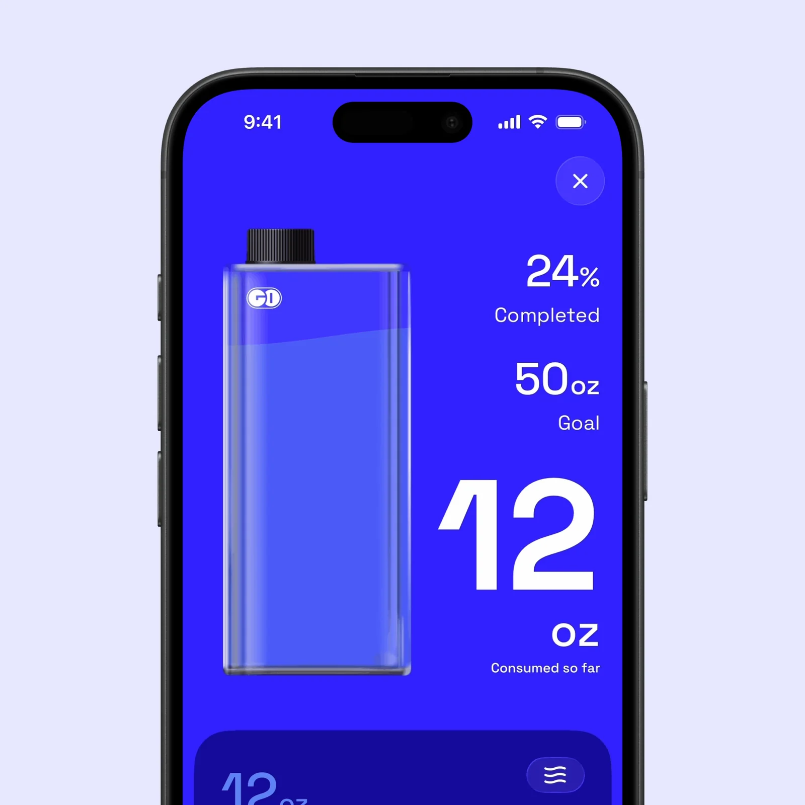 A GO Club social slide shows the hydration dashboard, progress percentage, water goal, and Add control.