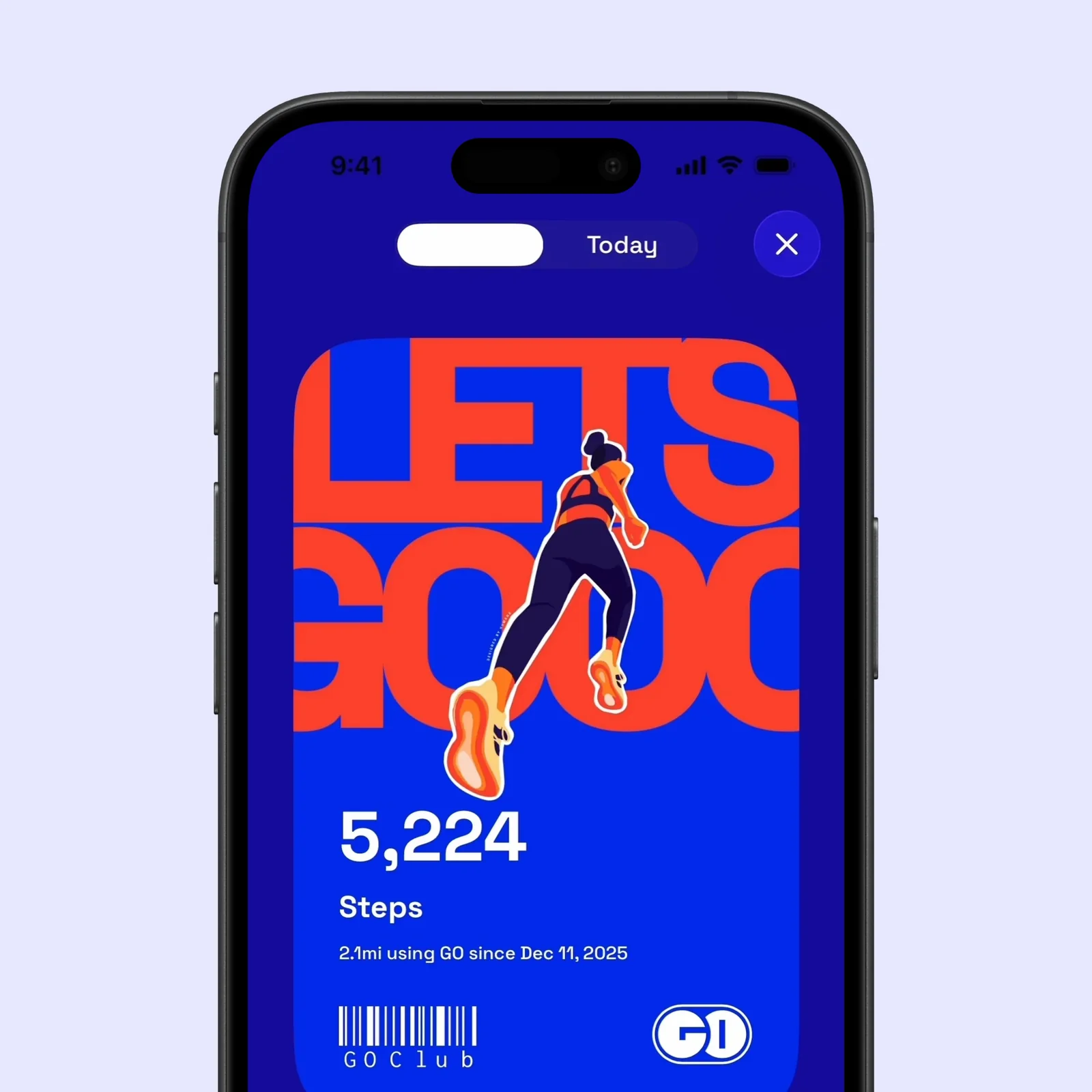 A GO Club social slide shows a shareable daily result with 5,224 steps.