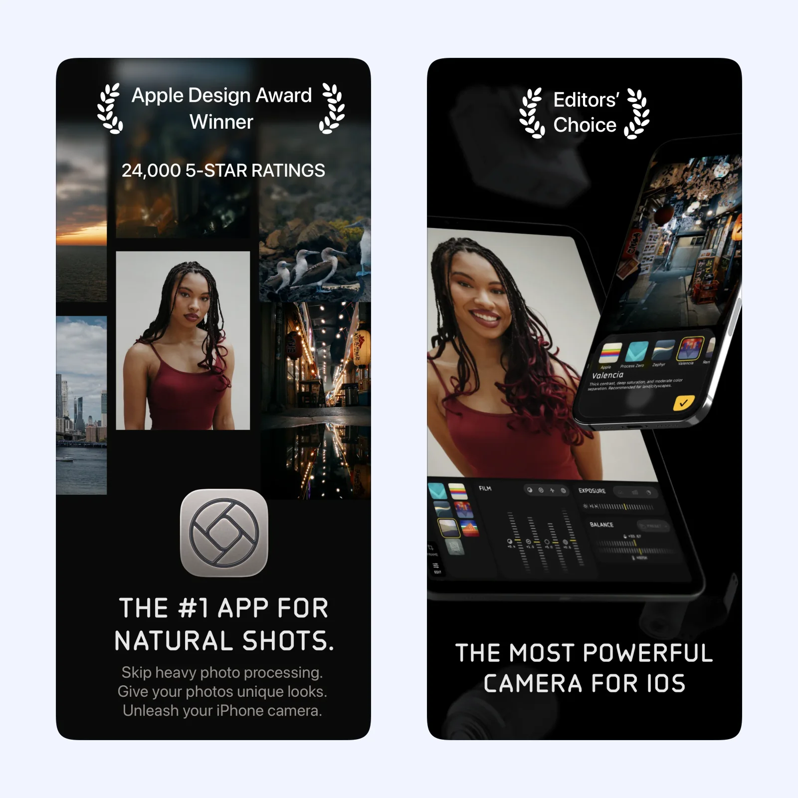 Halide screenshots show natural photographs, camera Looks, exposure controls, and the Photo Lab.