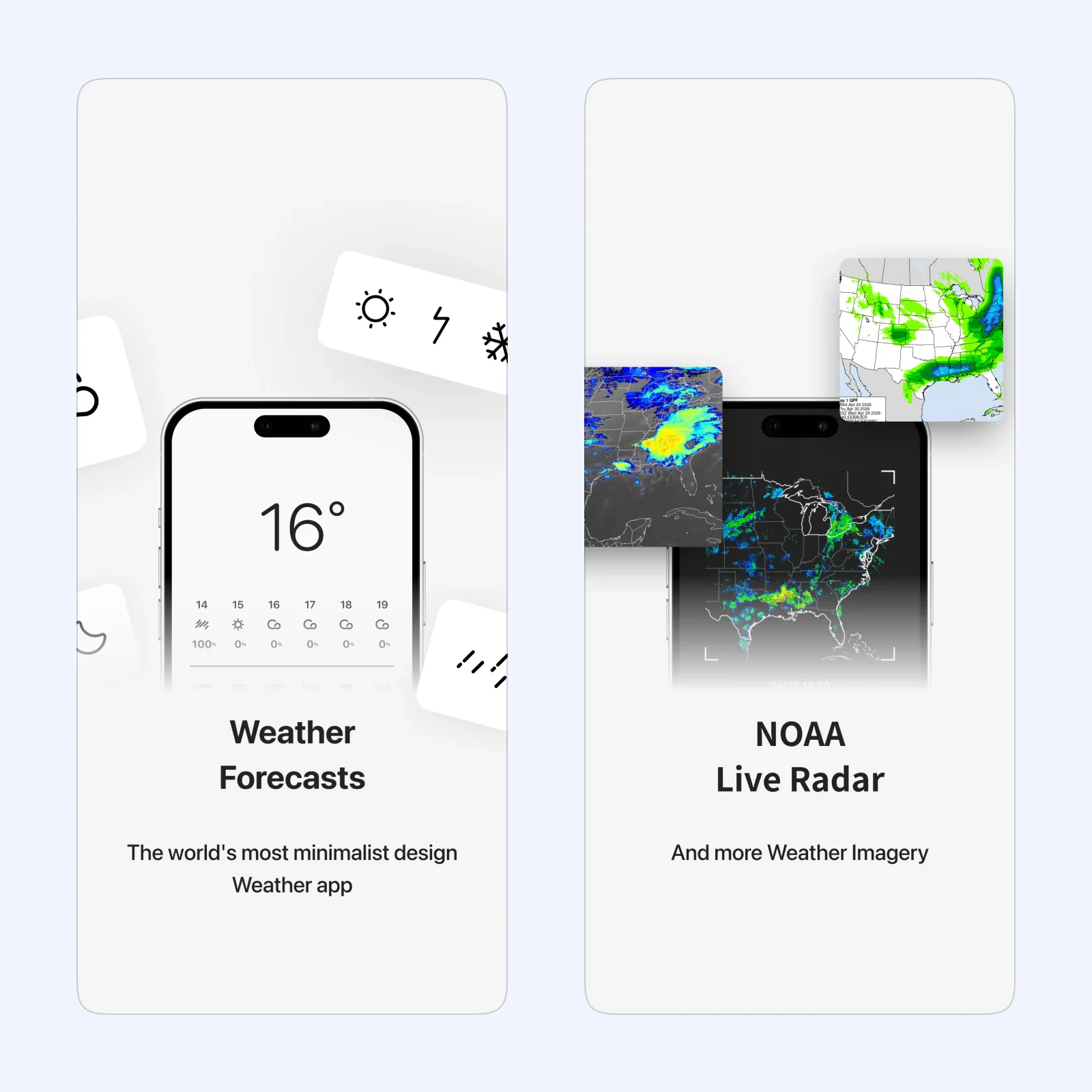 Weat screenshots show a minimalist hourly forecast and NOAA rain-radar maps.