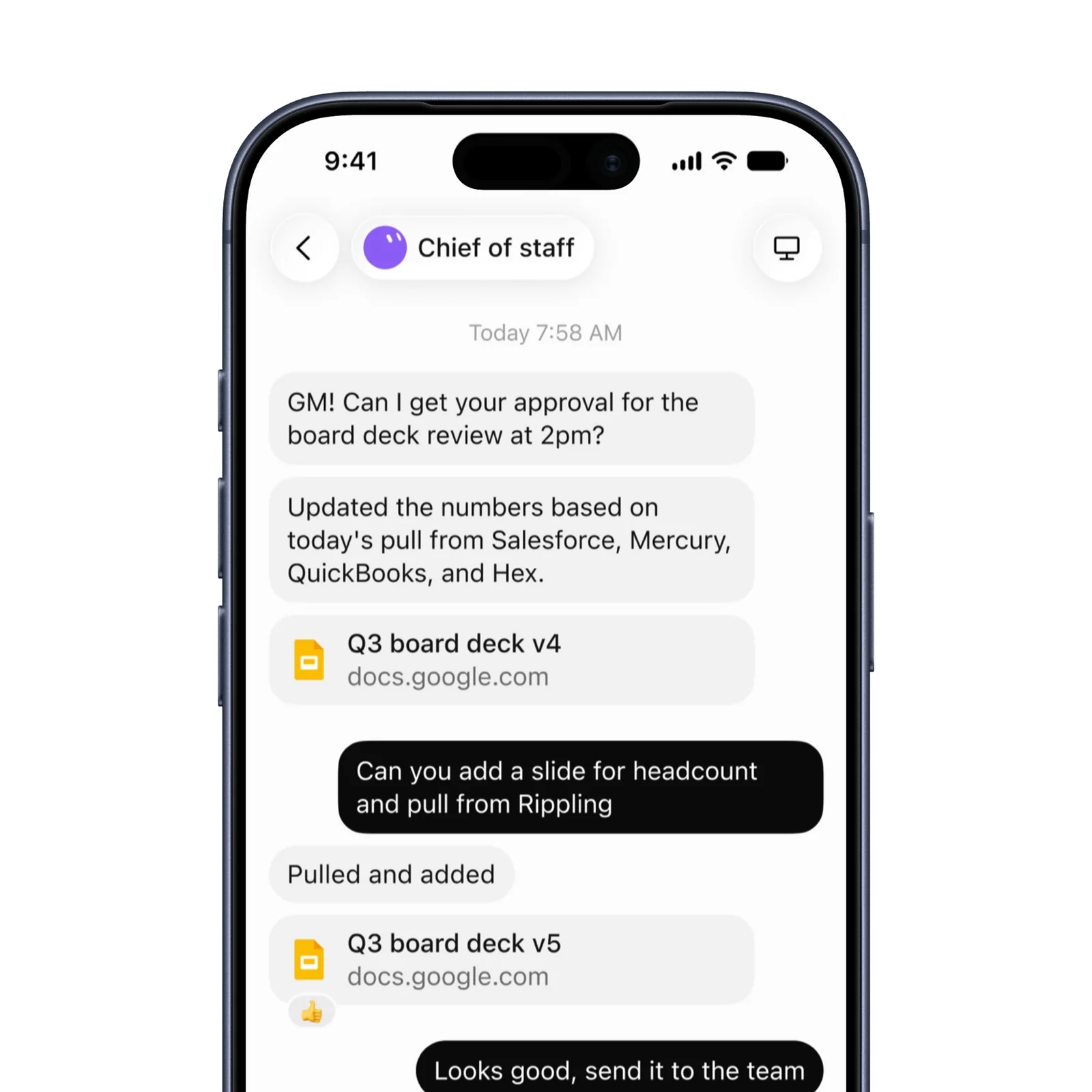 A Grok Bot chief of staff updates a board deck and asks for approval to send it.