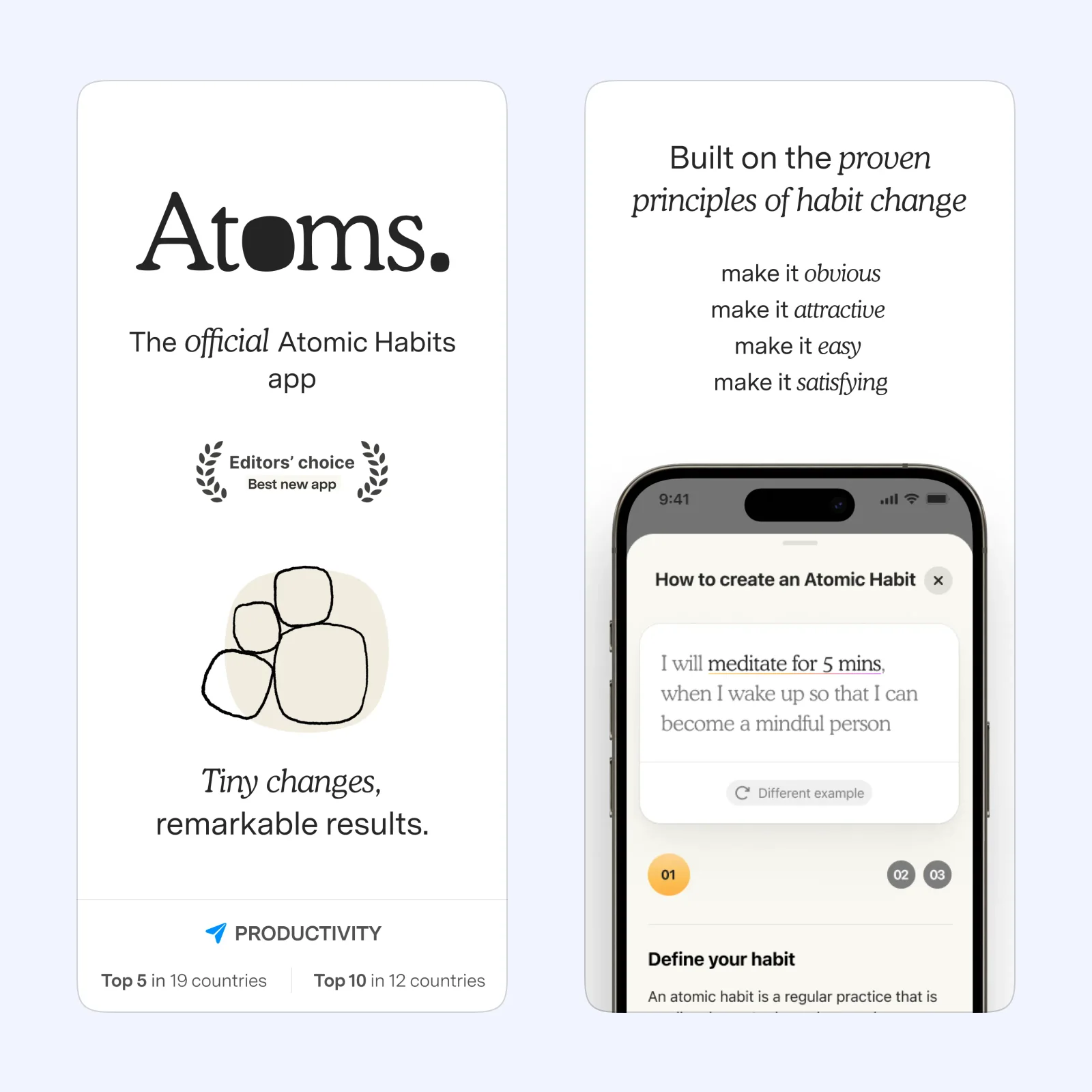 Atoms screenshots show a habit setup and a simple daily progress view.
