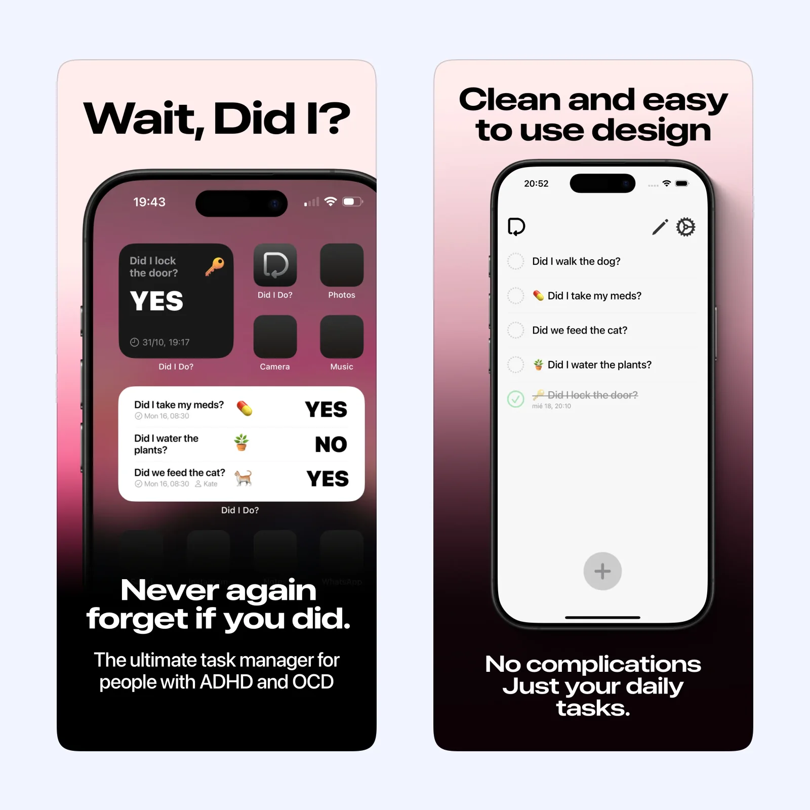 Did I Do screenshots show a simple tracker and quick Home Screen controls.