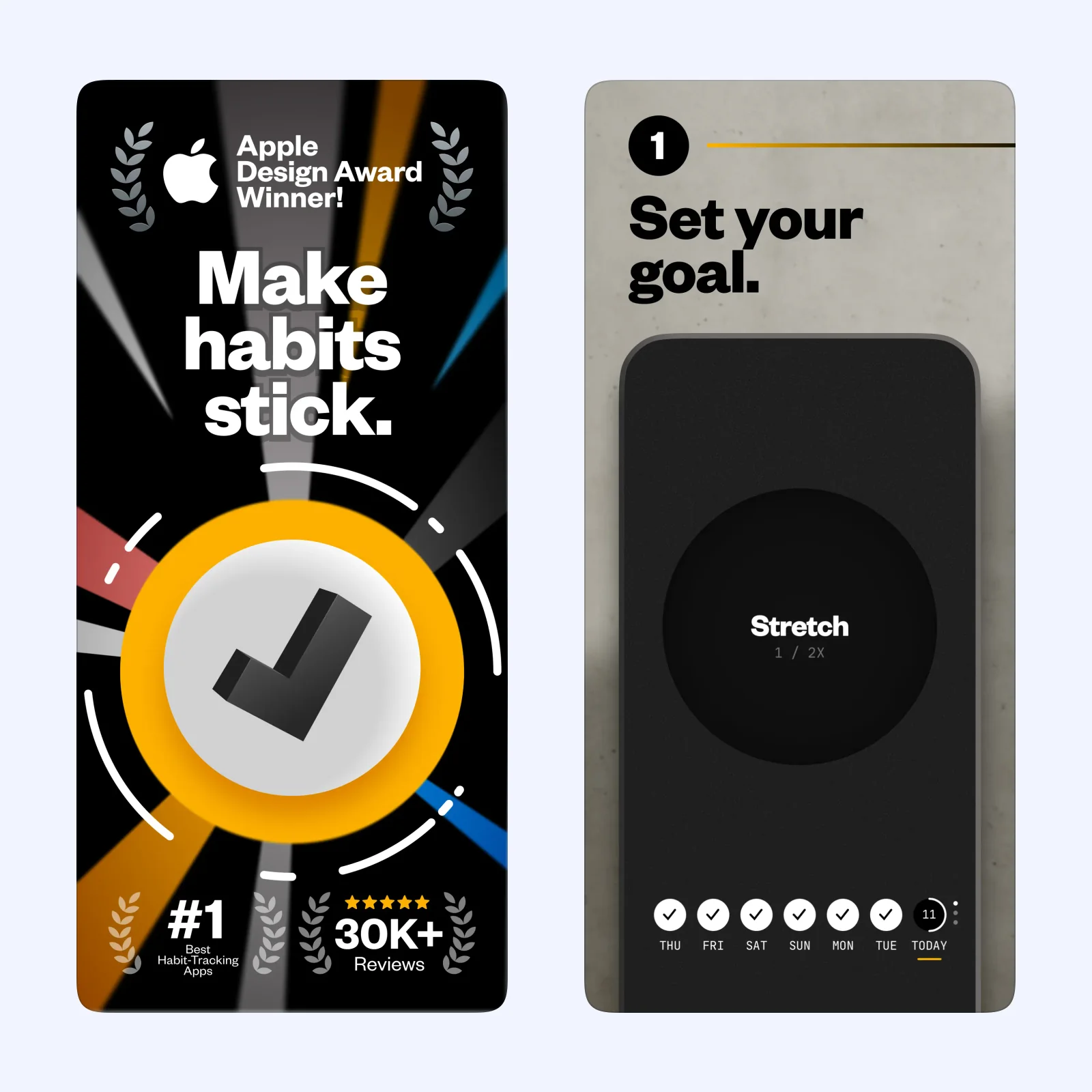 (Not Boring) Habits screenshots show a tactile habit interface and progress controls.