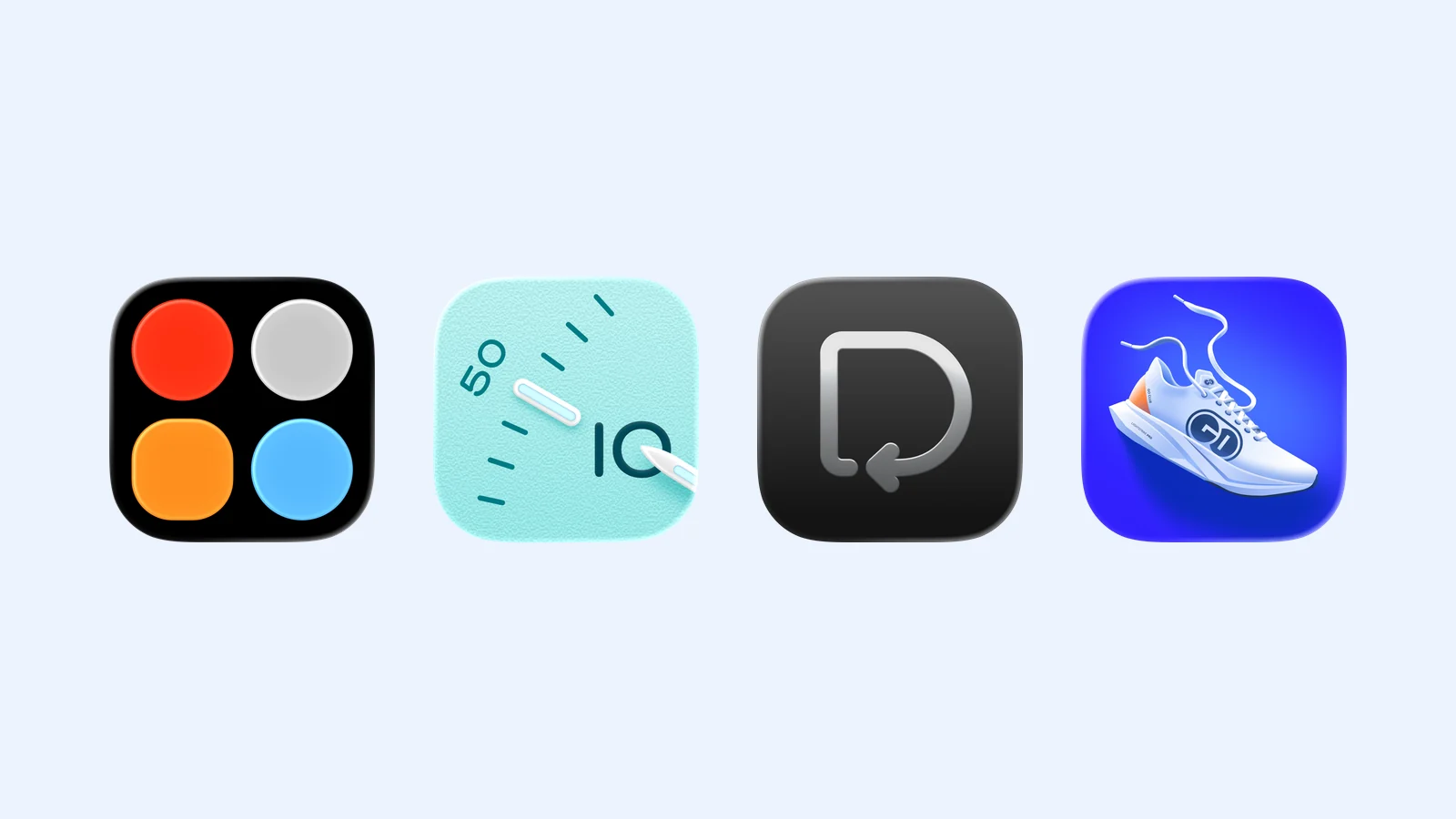 The Timedash Widgets, Bauhaus Clock, Did I Do, and GO Club app icons on a pale blue background