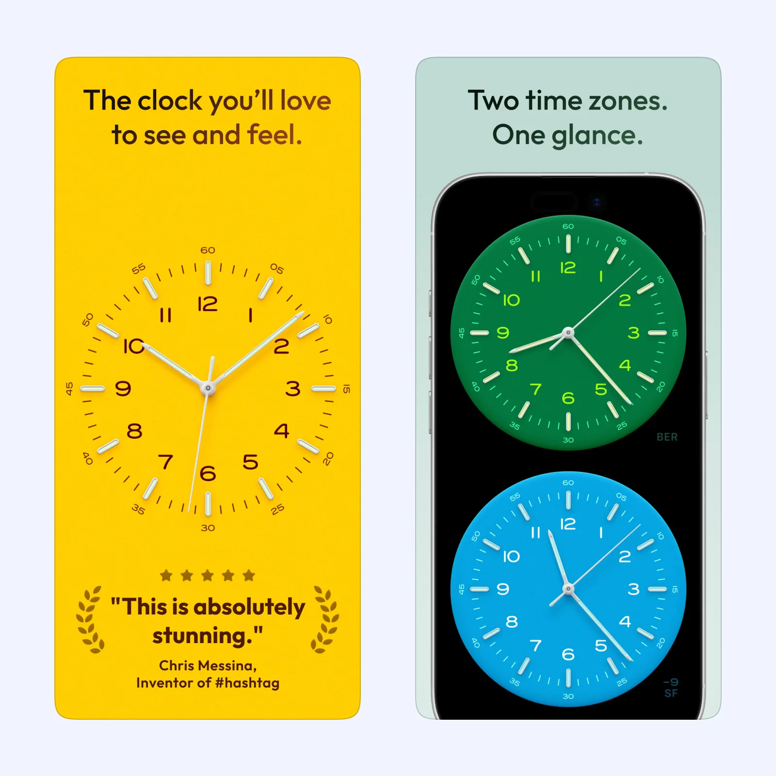 Bauhaus Clock App Store screens show a yellow analog dial and a dual-time clock with green and blue faces.
