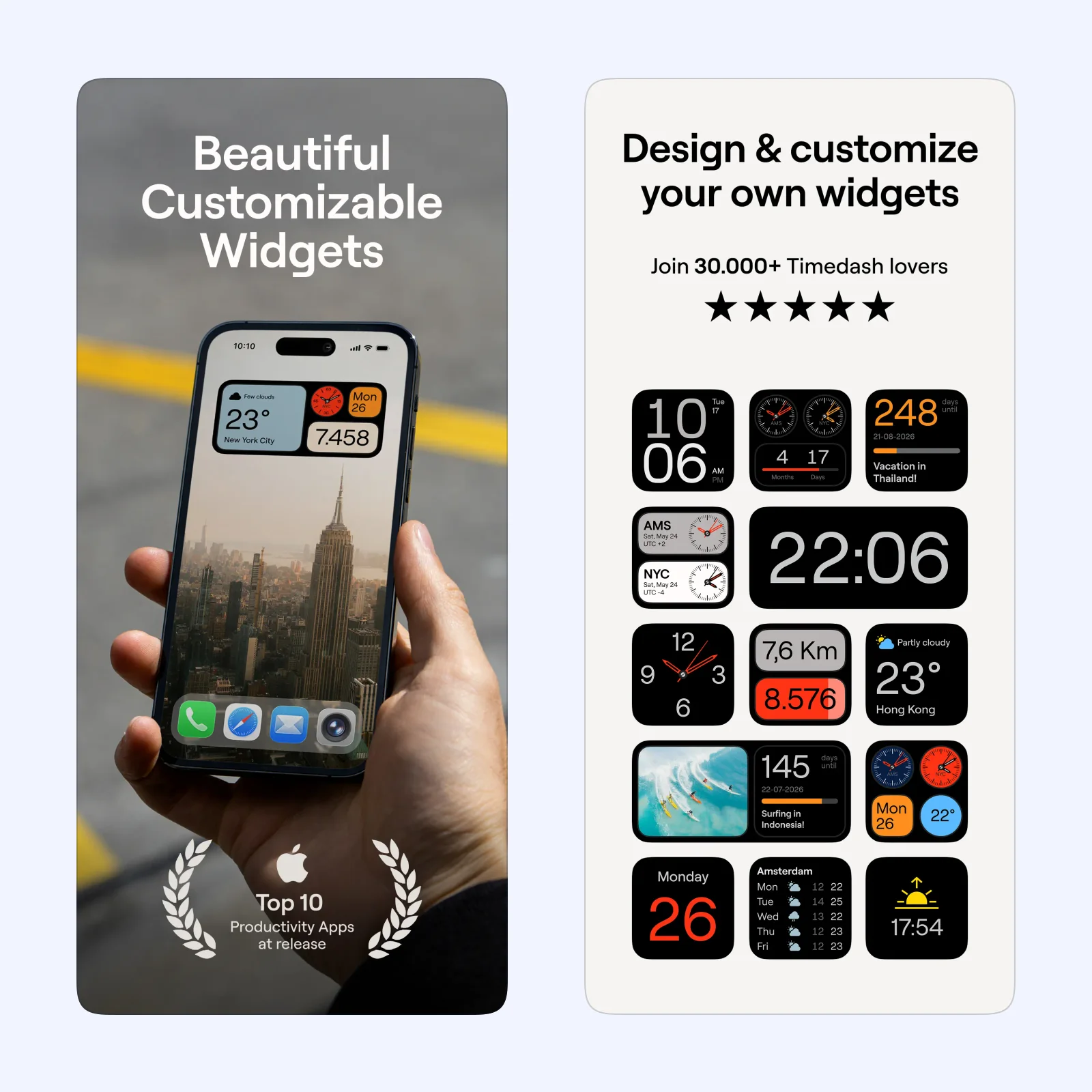 Timedash Widgets App Store screens show a custom Home Screen widget and a gallery of clock, weather, date, countdown, and activity designs.