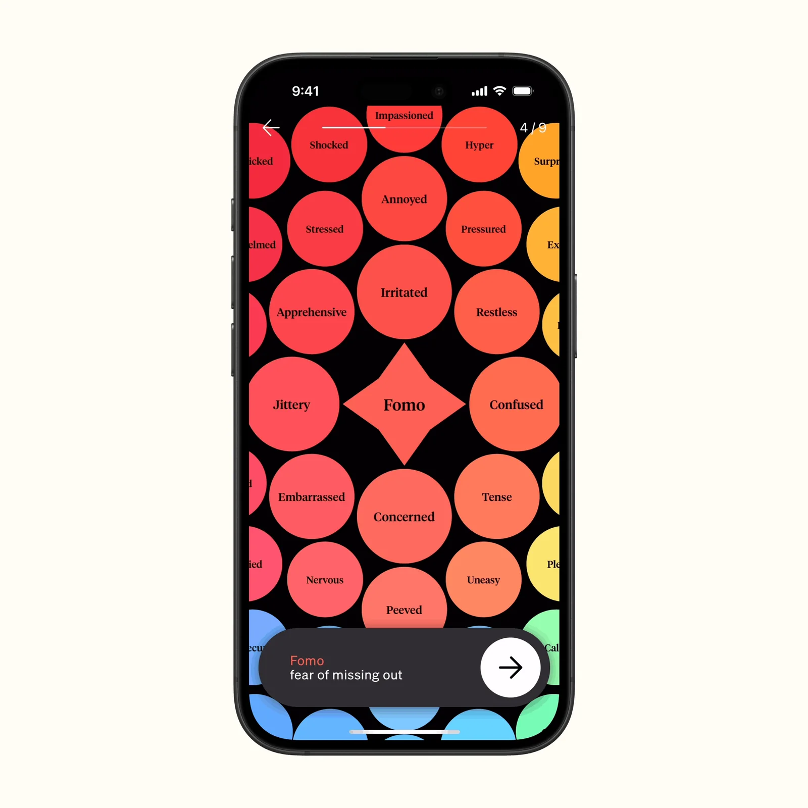 How We Feel selects Fomo among colored emotion circles and shows its definition.