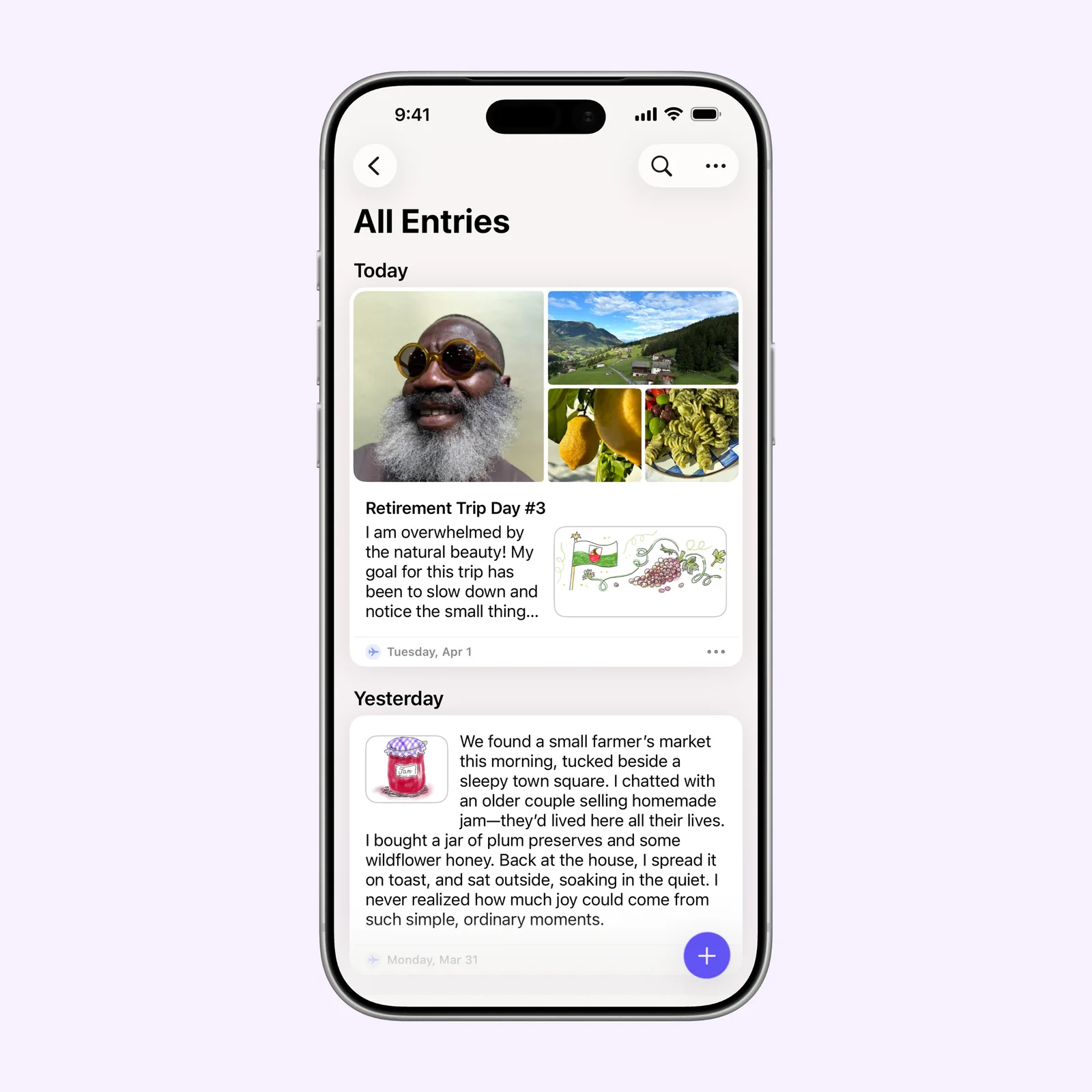 Apple Journal groups photos, a trip, food, and writing under Today and Yesterday.