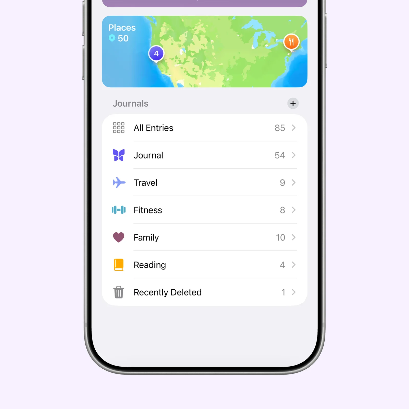 Apple Journal shows entries, days journaled, a streak, places, and separate journals.