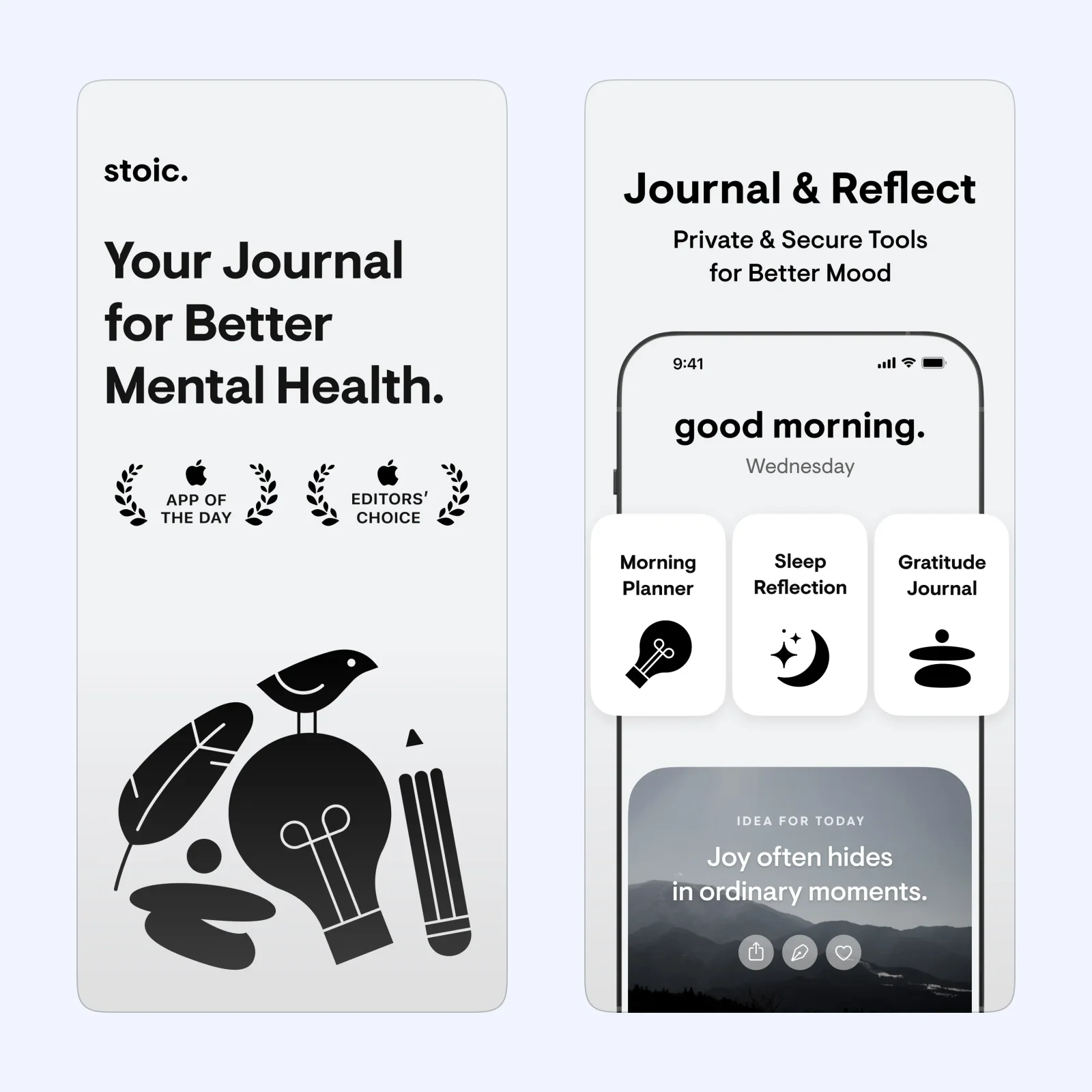 stoic. screenshots show a mood check-in, journal prompt, and reflection history.