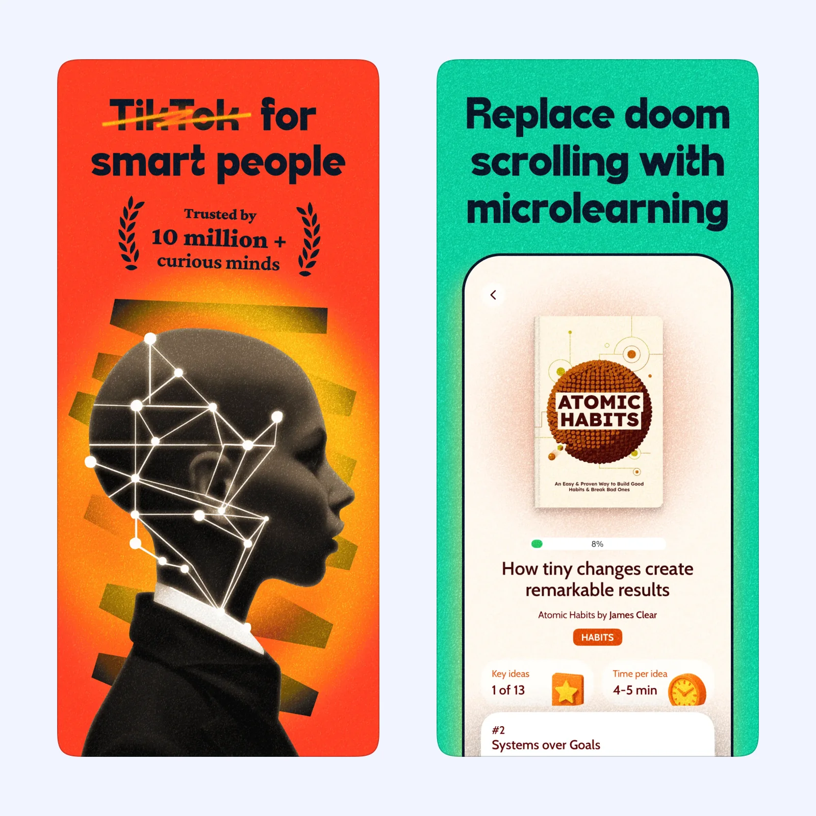Deepstash screenshots show short learning cards and a personal idea feed.