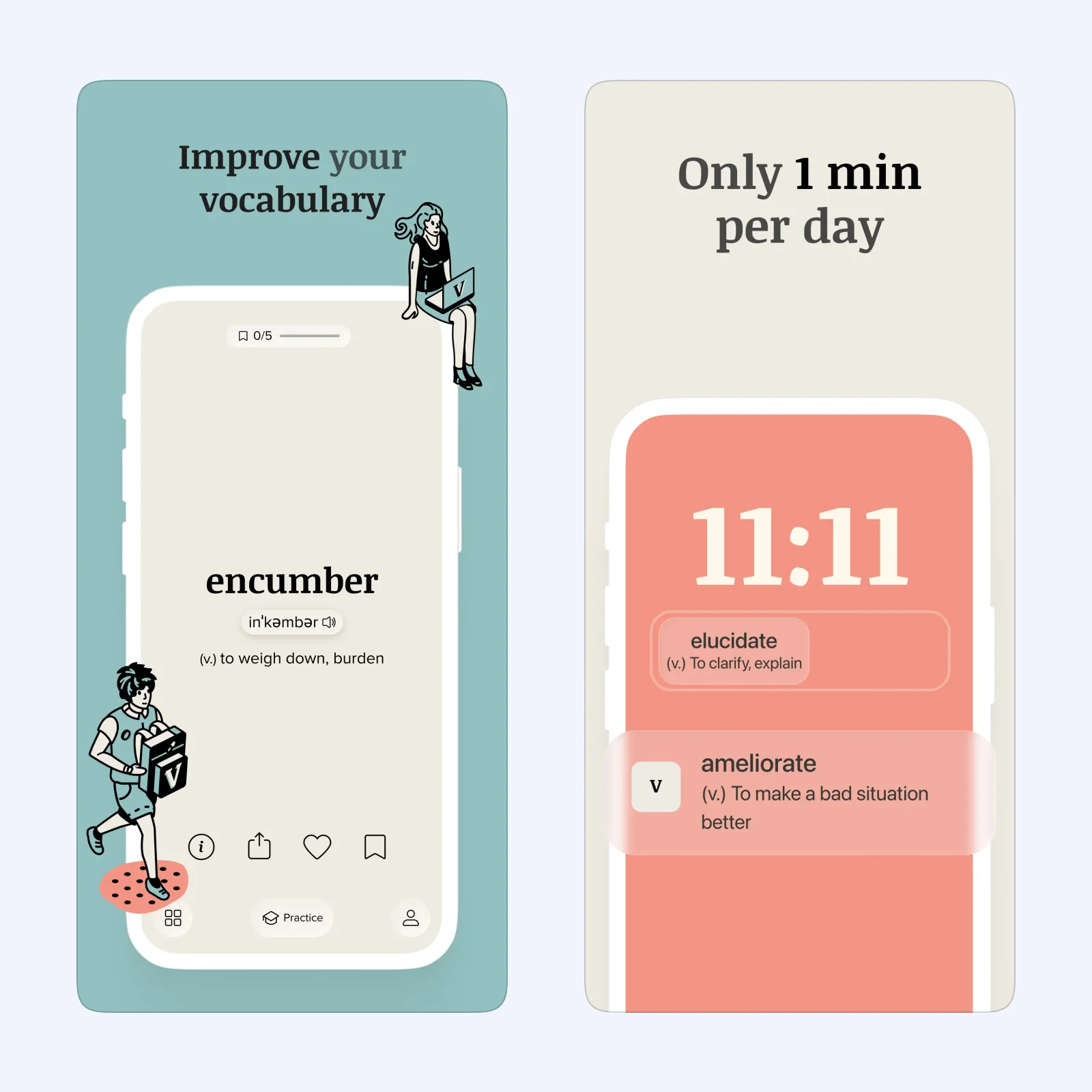 Vocabulary screenshots show a word, definition, and daily learning controls.