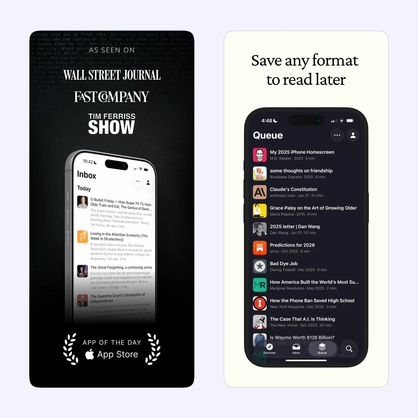 Matter screenshots show a reading queue and an article with text-to-speech controls.
