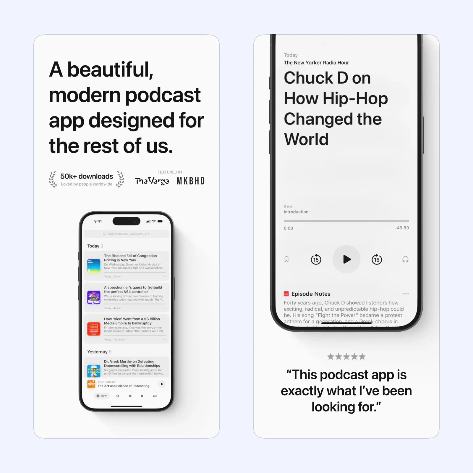 Neuecast screenshots show a podcast library, episode queue, and playback controls.