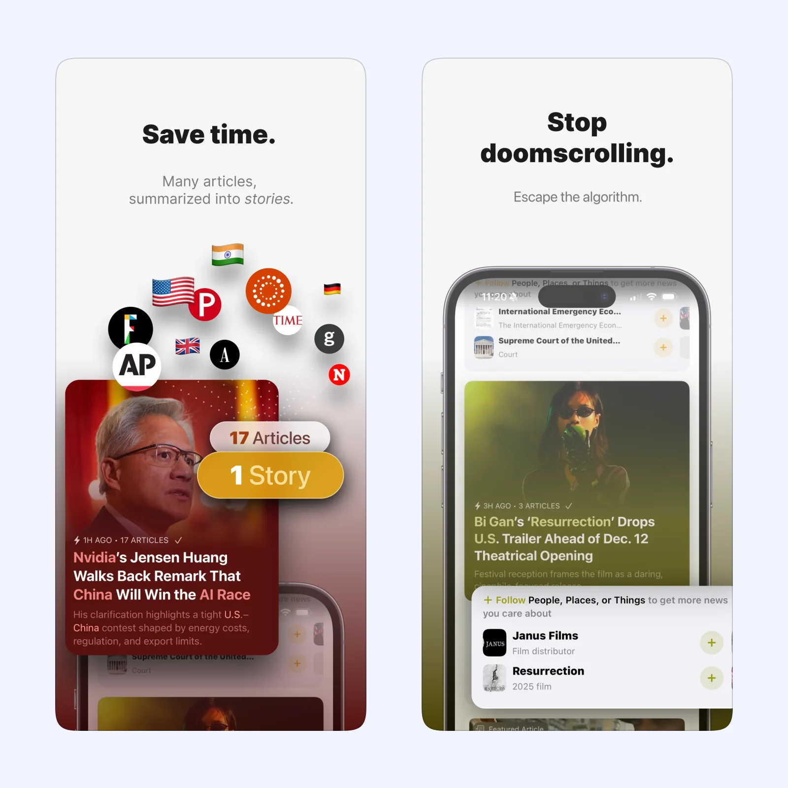 Particle screenshots show a news feed and coverage from several sources.