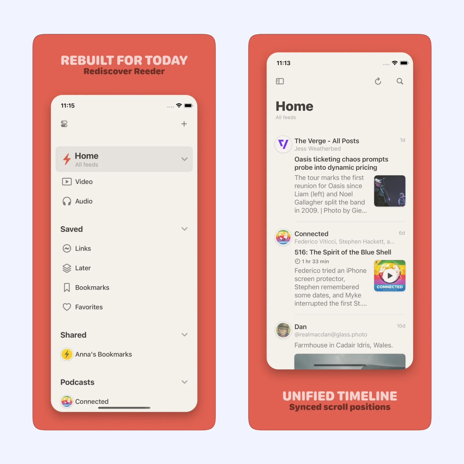 Reeder screenshots show a unified timeline with feeds, podcasts, and saved links.