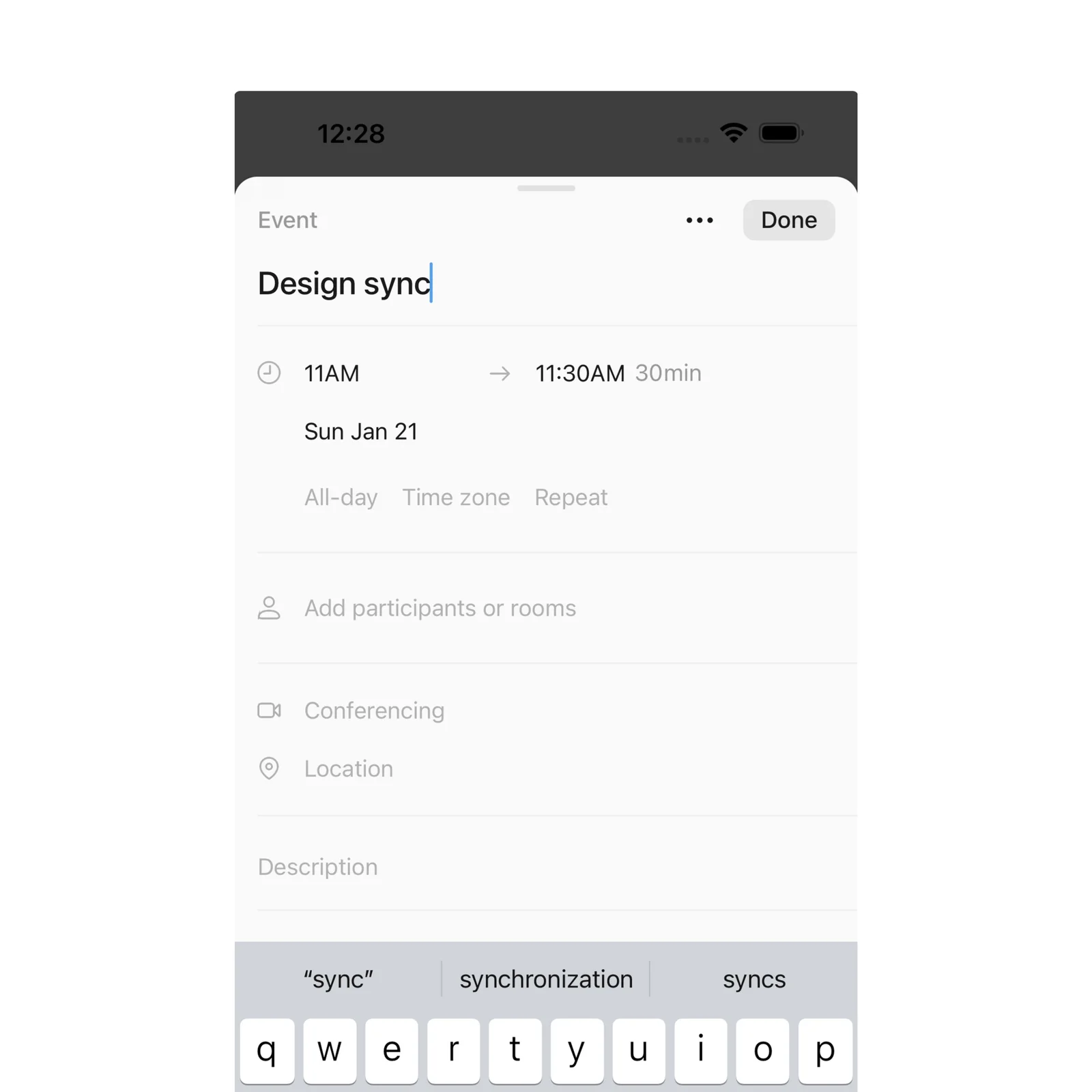 Notion Calendar shows an event editor with title, time, participants, and location fields.
