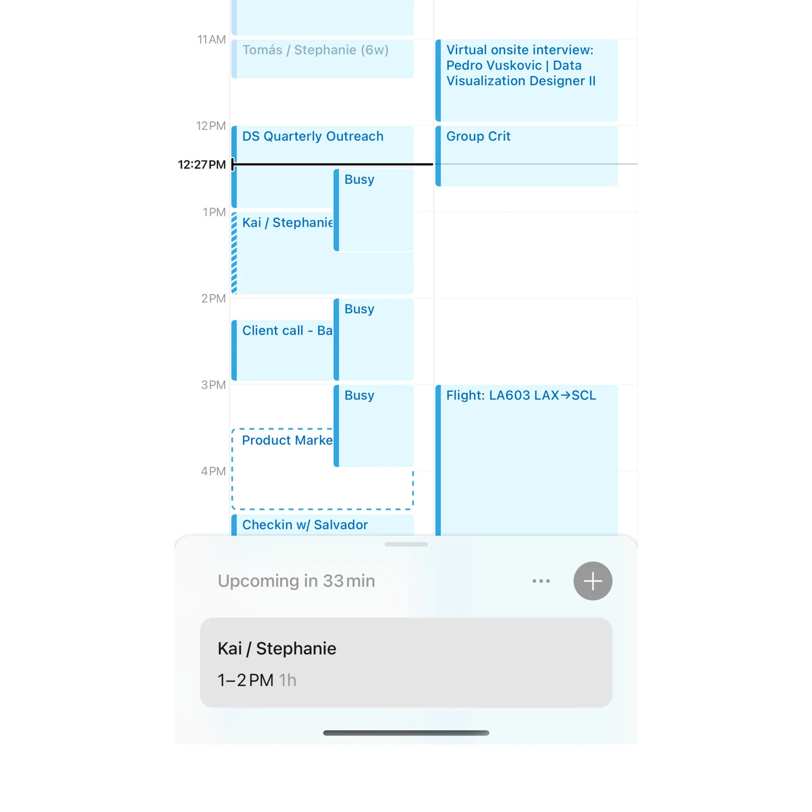 Notion Calendar displays a day view and an upcoming meeting card in an iPhone frame.