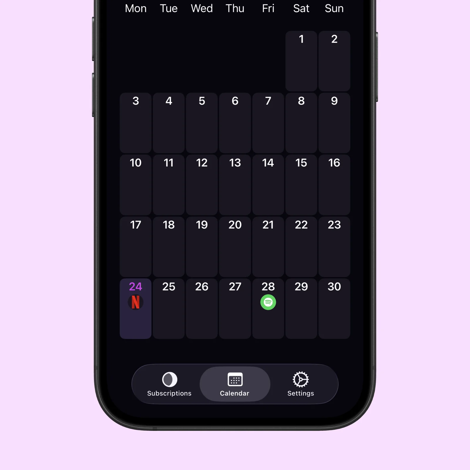 Orbit's November calendar shows renewal markers for Netflix and Spotify.