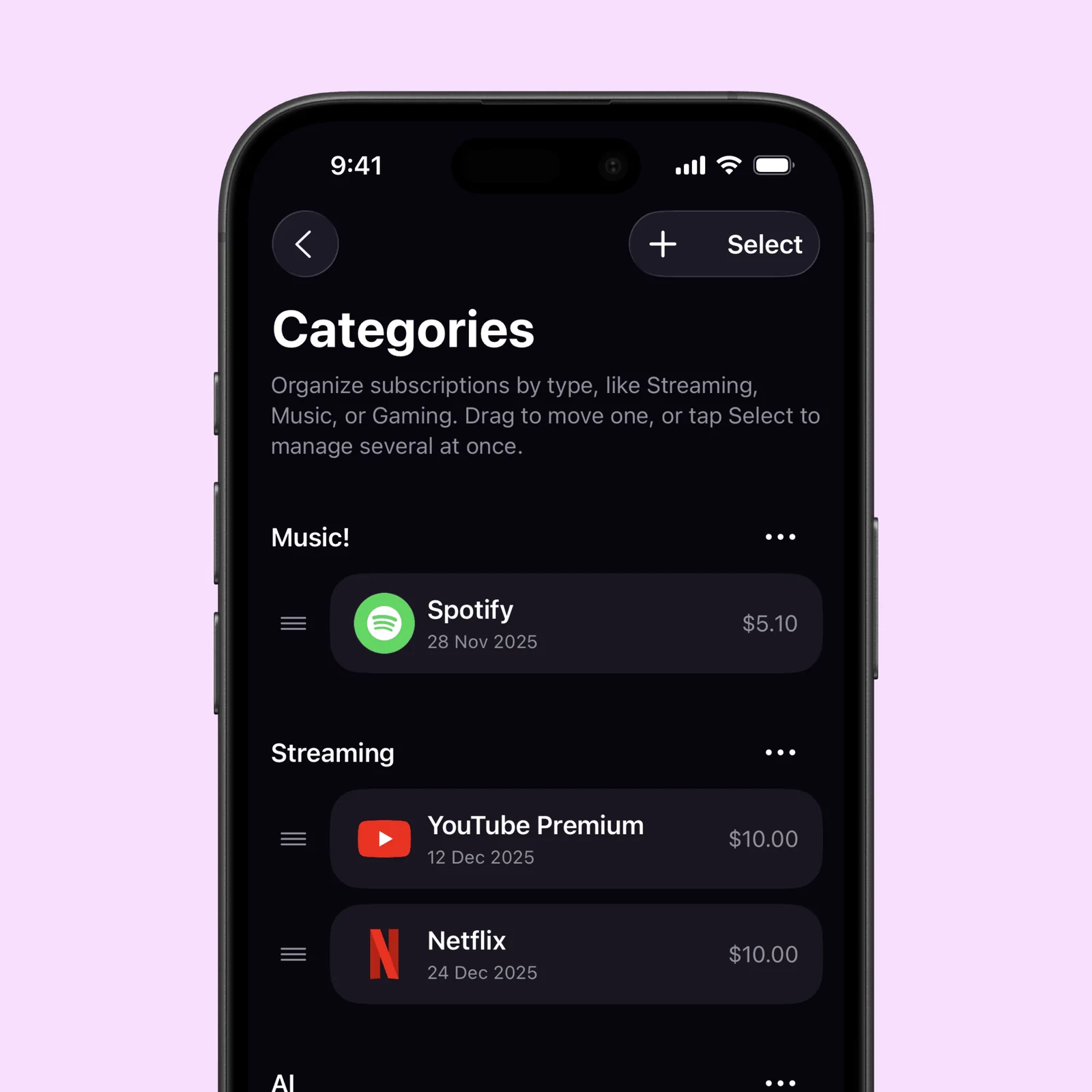 Orbit groups Spotify, YouTube Premium, and Netflix into music and streaming categories.