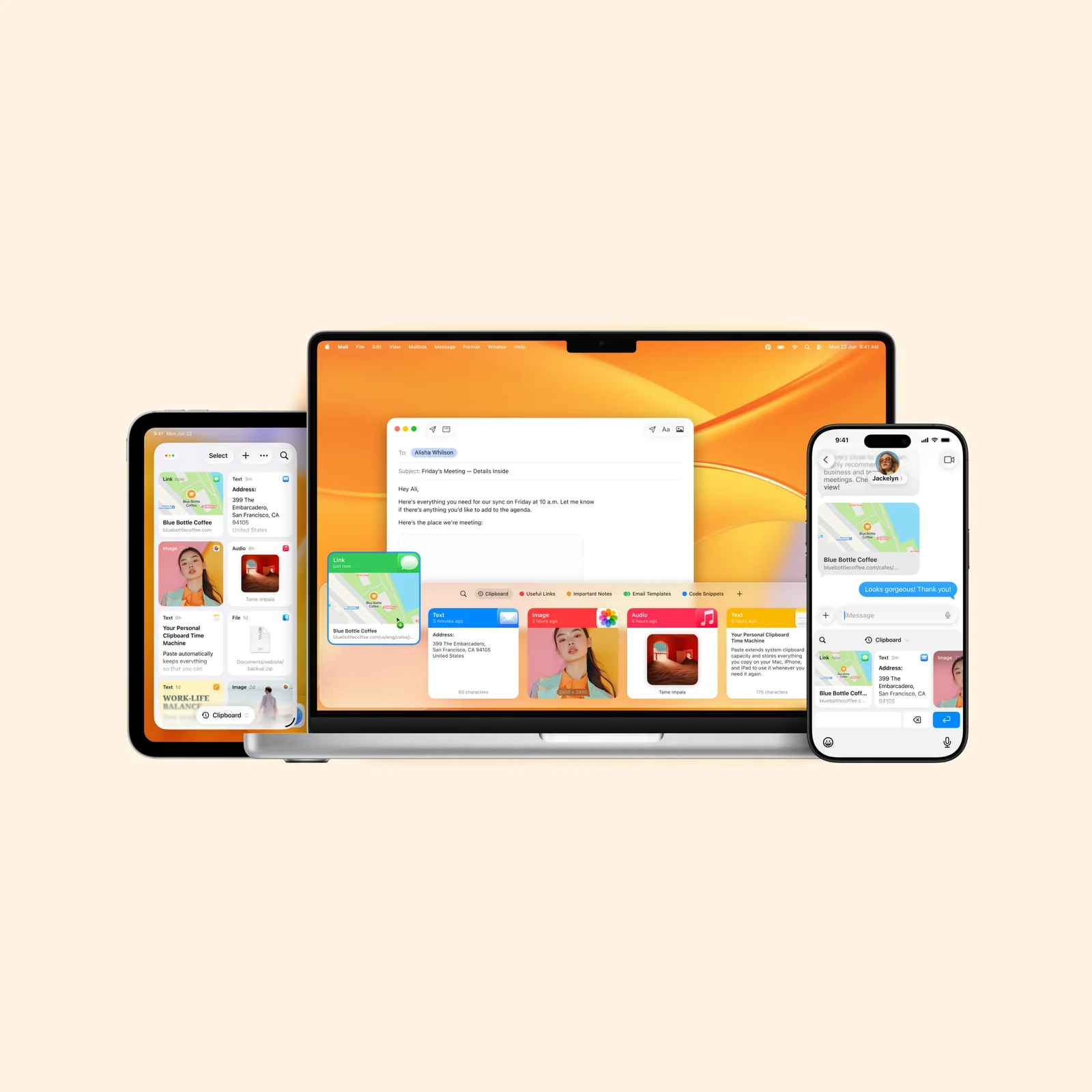 Paste shows copied items available on a MacBook, iPad, and iPhone.