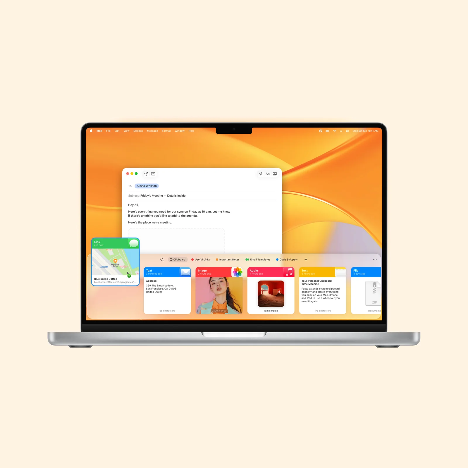 Paste places a visual clipboard bar with text, image, audio, and file cards above the Mac Dock.