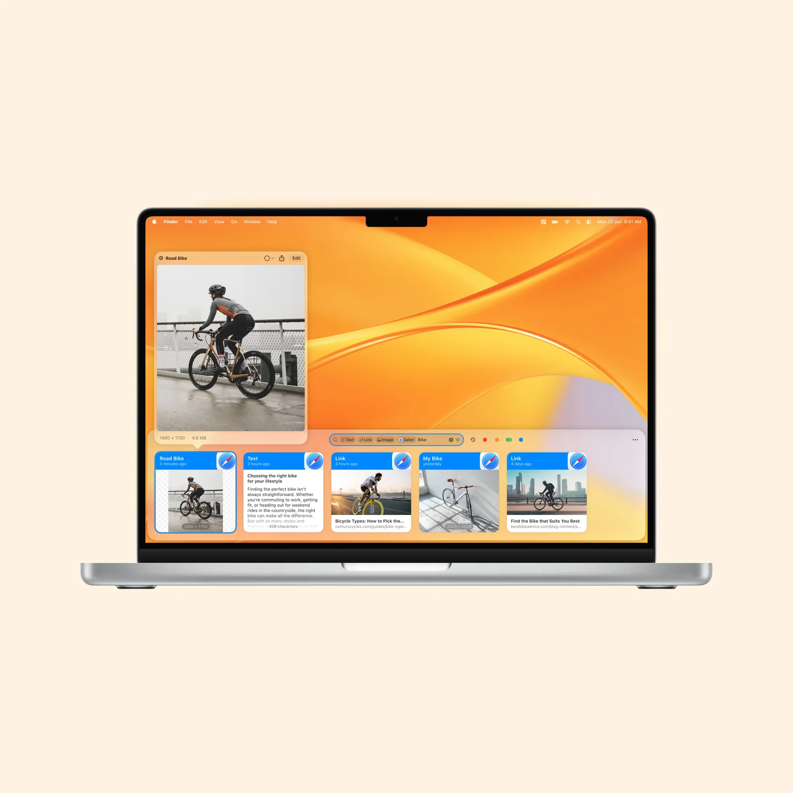 Paste search filters a clipboard history containing photos, links, and text on a Mac.