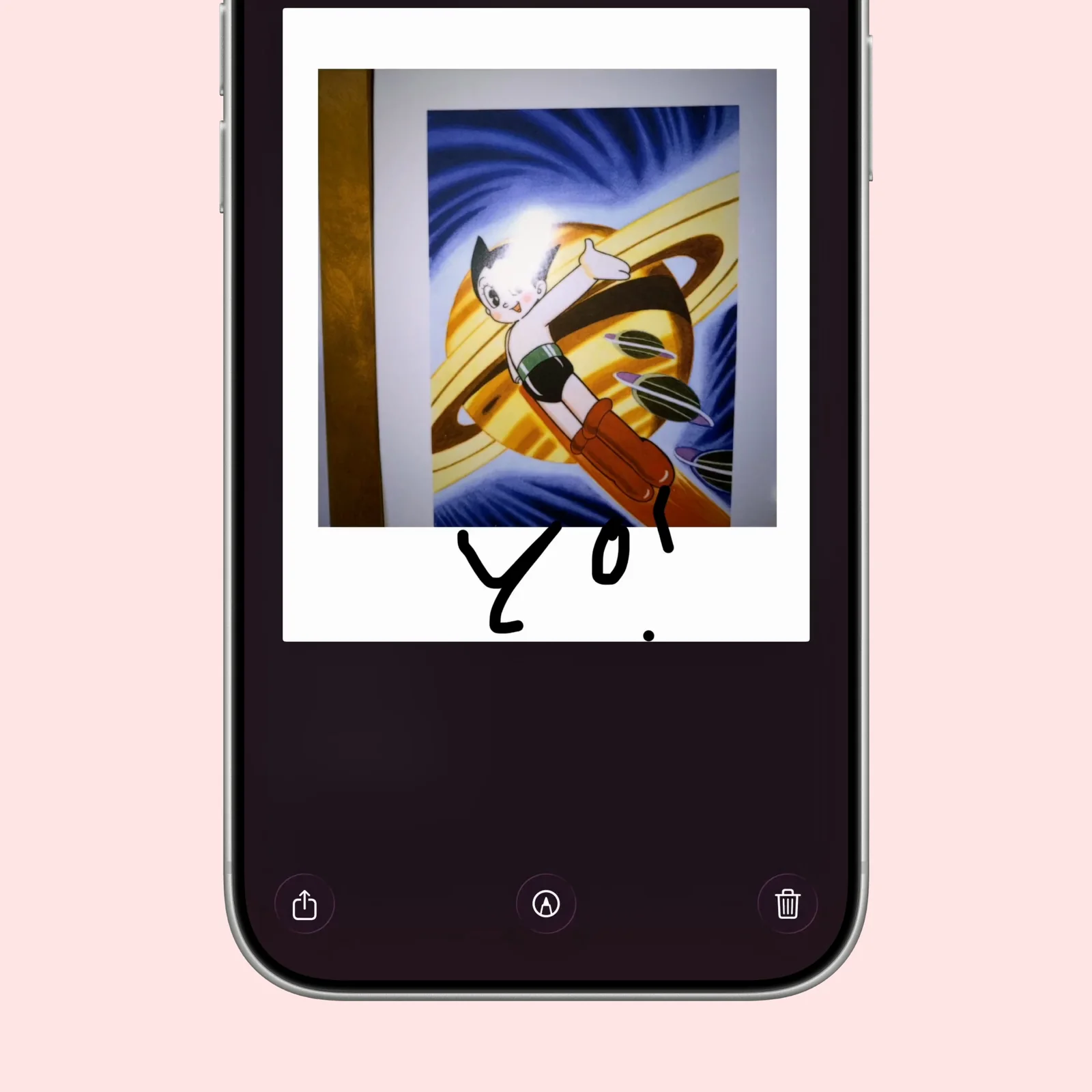 pico cam shows an instant-style photo with a handwritten caption and editing controls.