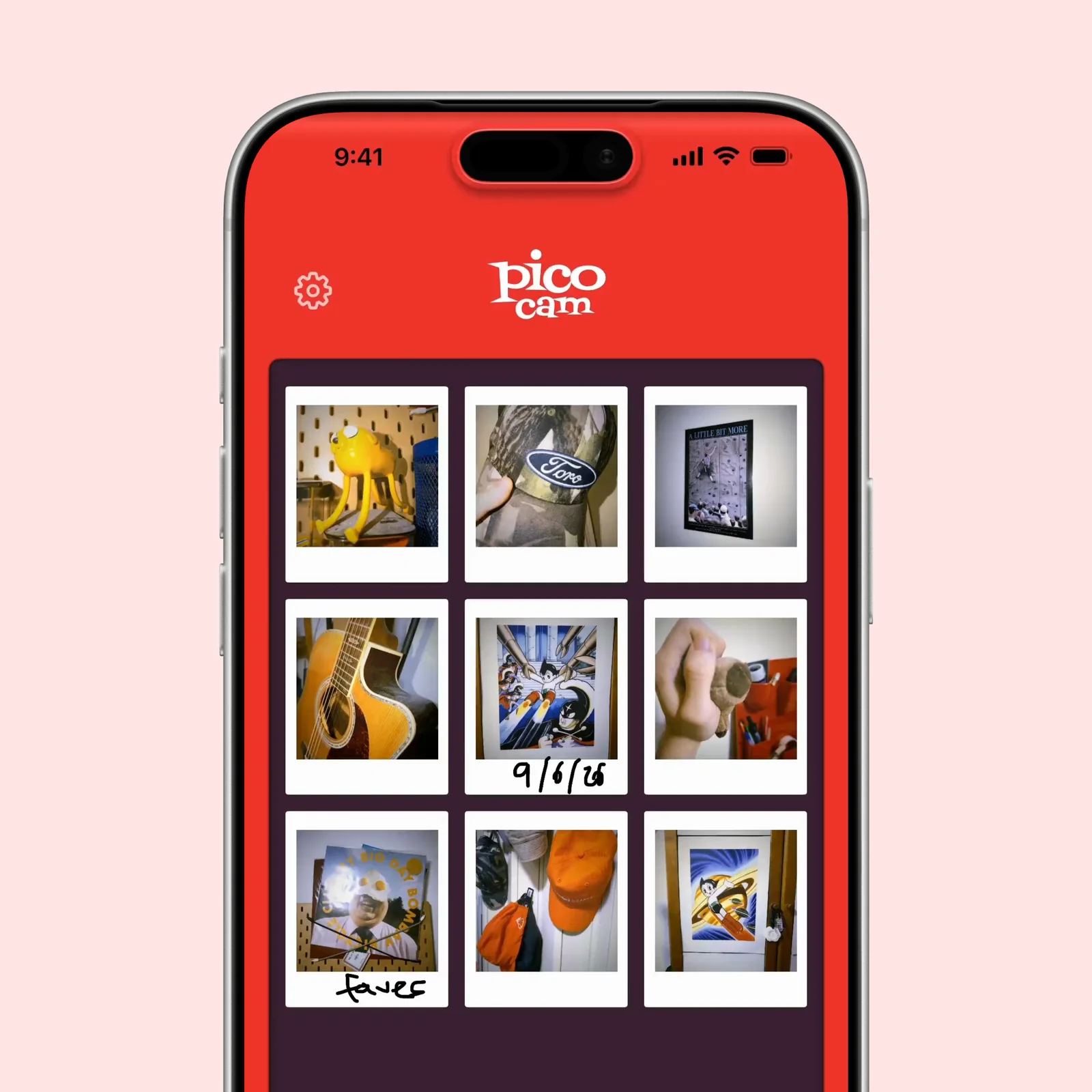 pico cam displays a grid of instant-style prints in its red photo gallery.